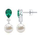 Freshwater Pearl Drop Dangle Earrings With Created Emerald AAA - Rosec Jewels