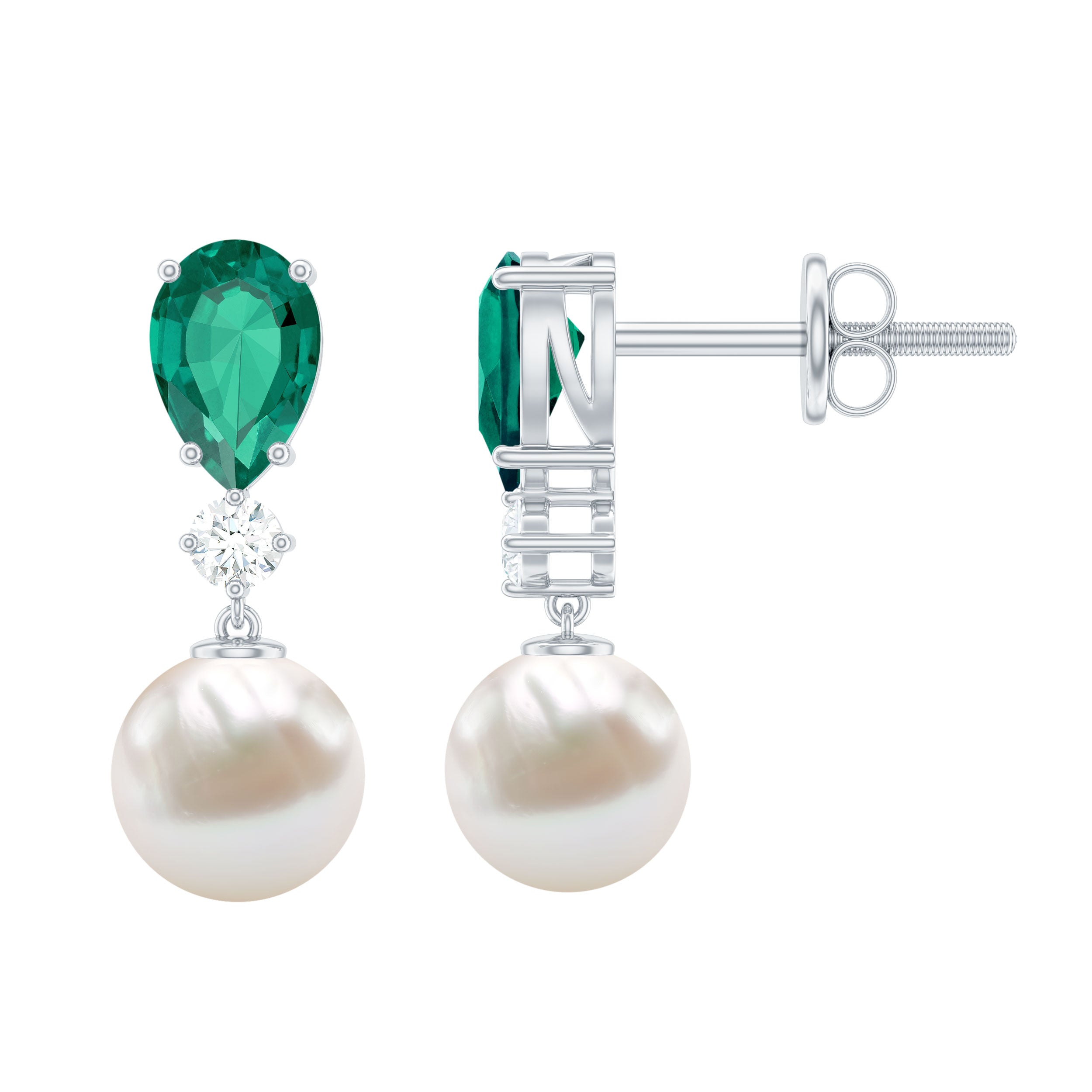 Real Cultured Pearl Art Deco Earrings with Lab Grown Emerald