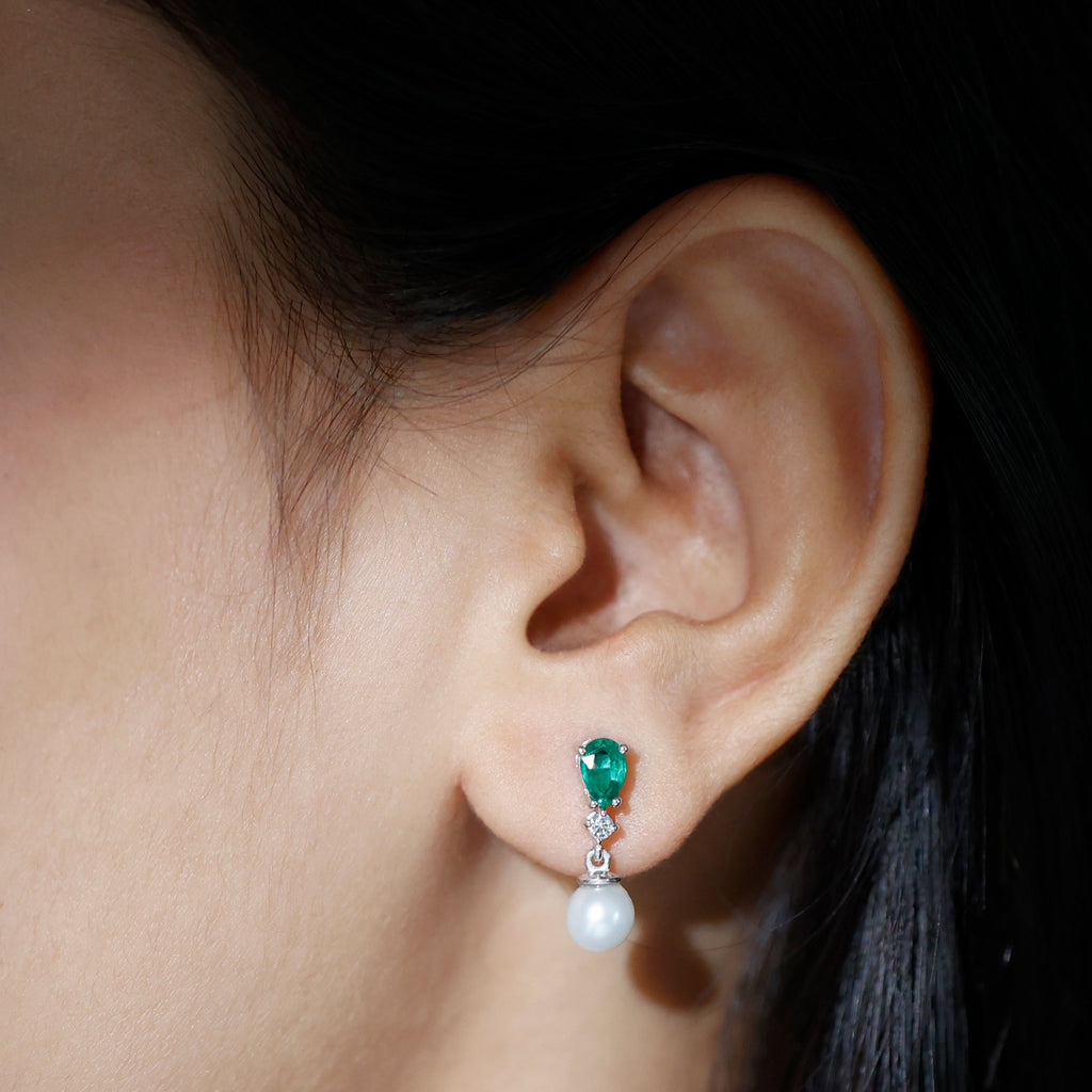 Rosec Jewels - 3.75 CT Created Emerald and Moissanite Silver Dangle Earrings with Freshwater Pearl Drop