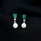 Freshwater Pearl Drop Dangle Earrings With Created Emerald AAA - Rosec Jewels