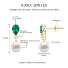 Freshwater Pearl Drop Dangle Earrings With Created Emerald AAA - Rosec Jewels