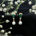 Freshwater Pearl Drop Dangle Earrings With Created Emerald AAA - Rosec Jewels