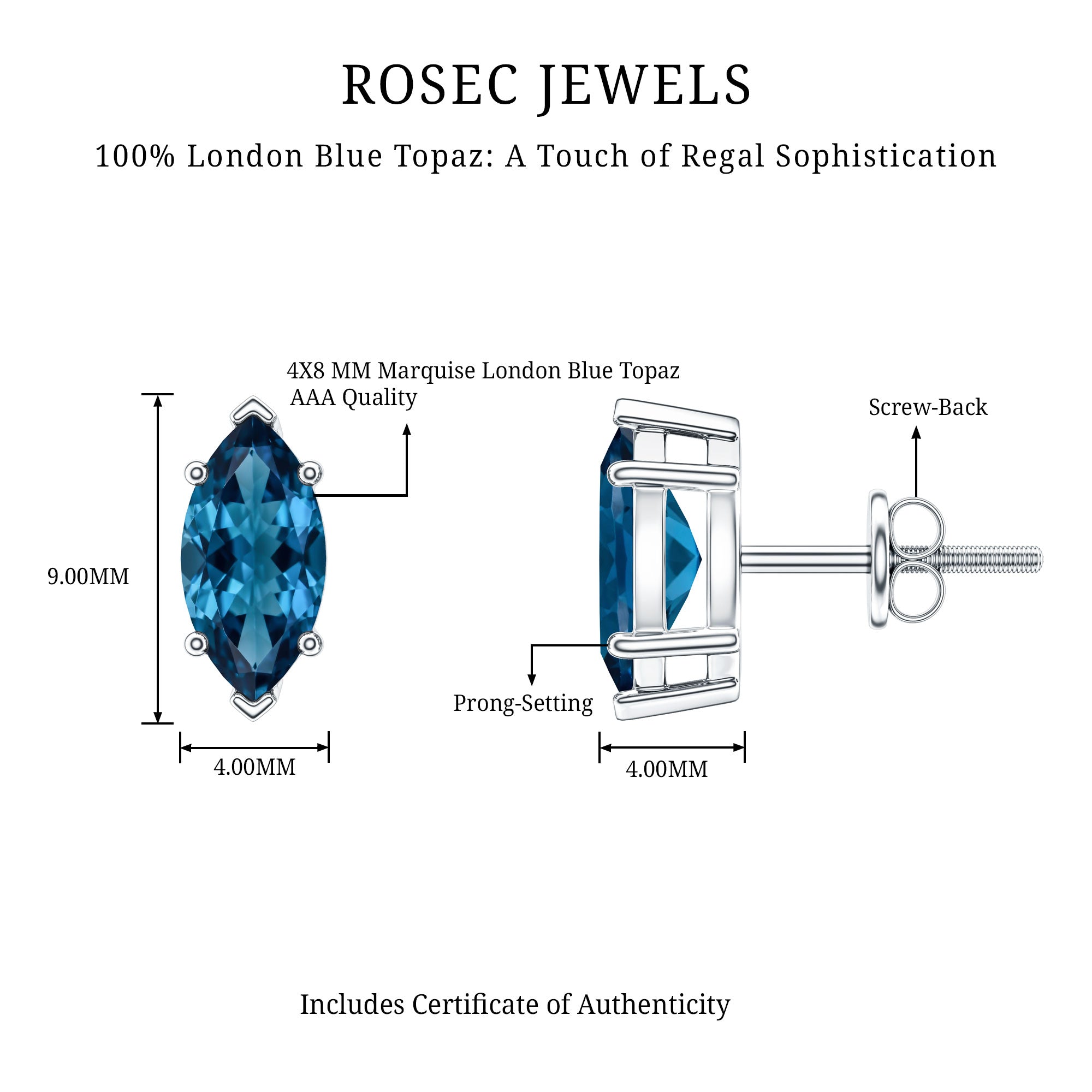 Marquise London Blue Topaz Solitaire Studs in Basket Setting AAA - Rosec Jewels