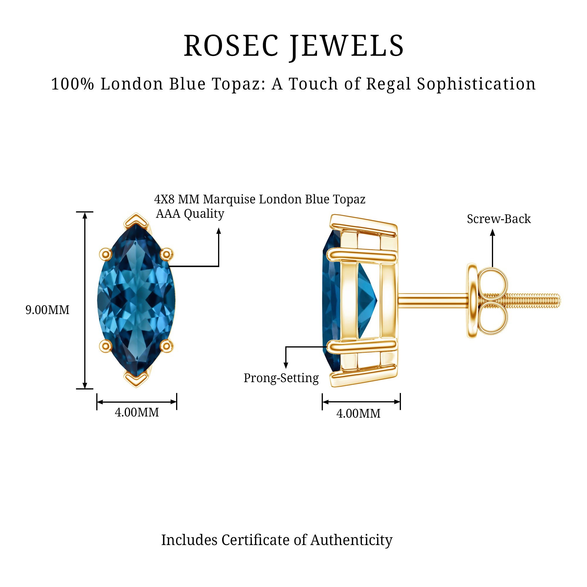 Marquise London Blue Topaz Solitaire Studs in Basket Setting AAA - Rosec Jewels