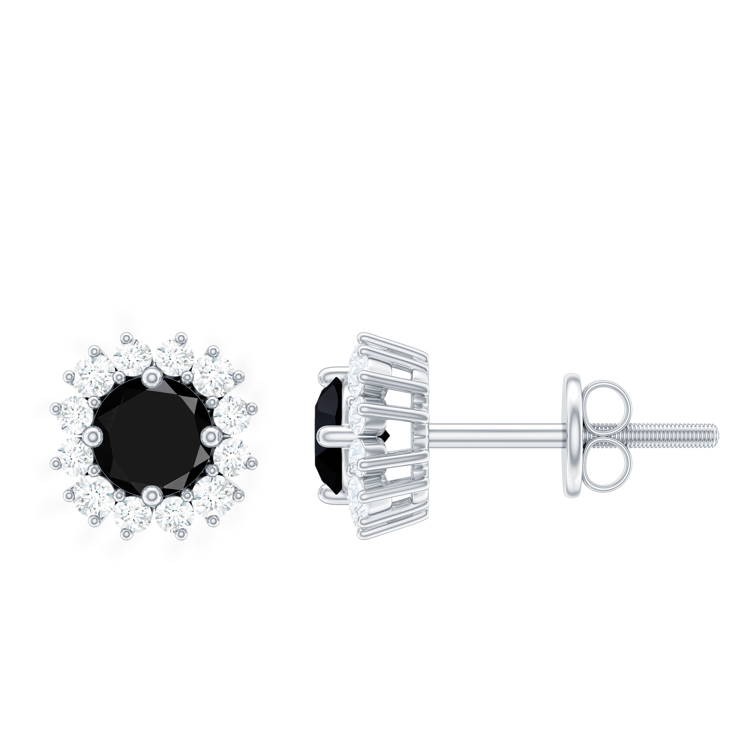 0.75 CT Classic Black Onyx Stud Earring with Diamond Halo Black Onyx - ( AAA ) - Quality - Rosec Jewels