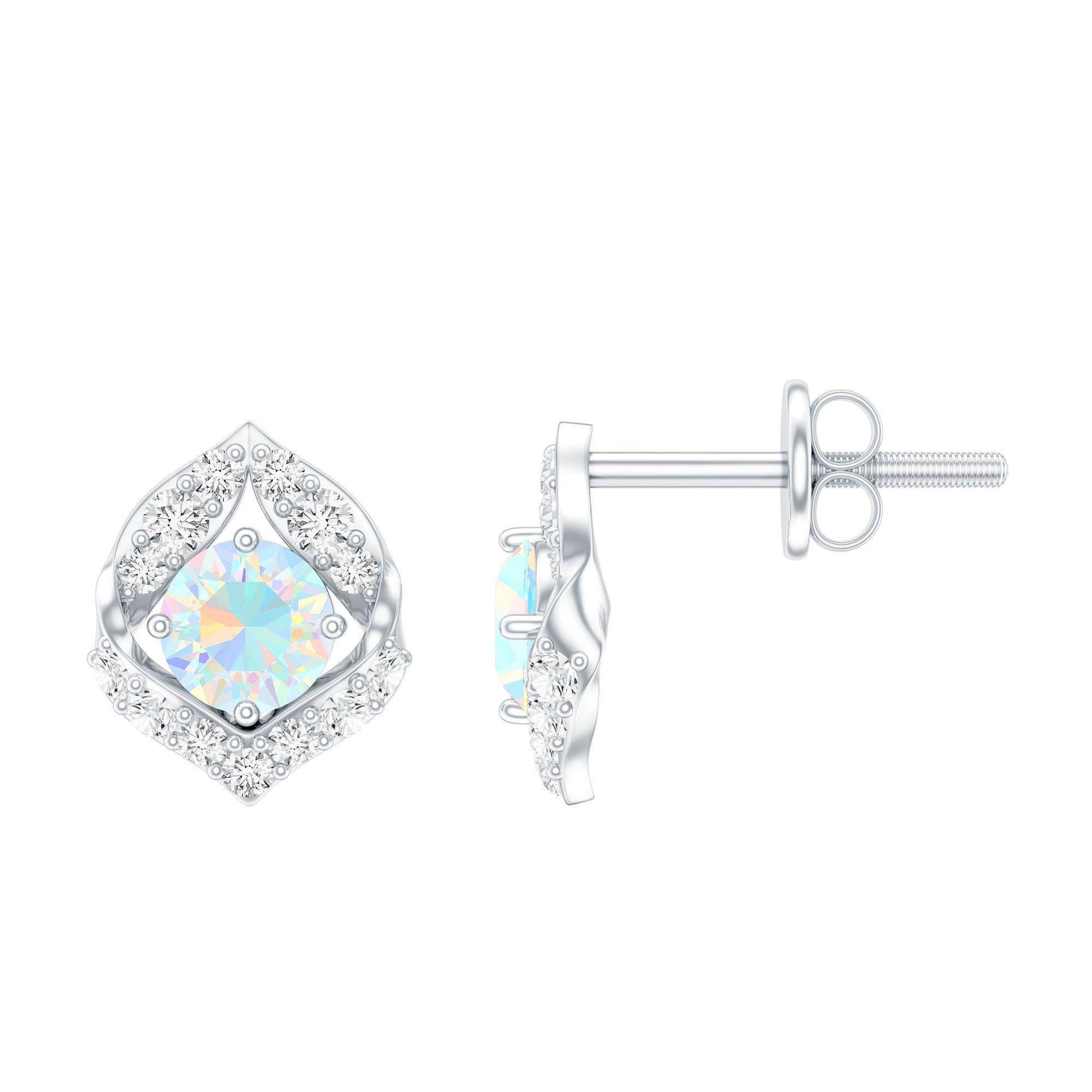 Vintage inspired Ethiopian Opal Stud Earrings with Diamond Accent AAA - Rosec Jewels