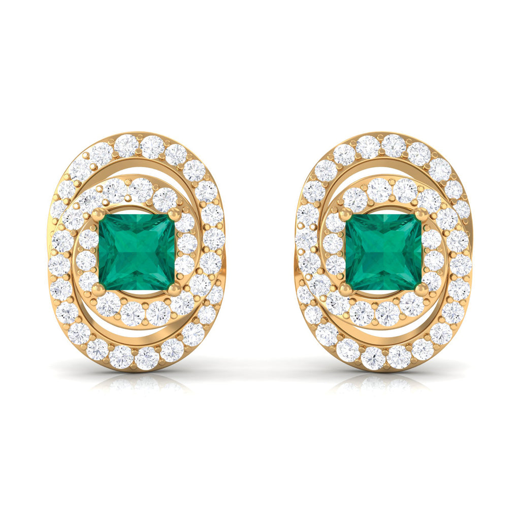 3/4 CT Princess Cut Emerald and Diamond Cocktail Stud Earrings Emerald - ( AAA ) - Quality - Rosec Jewels