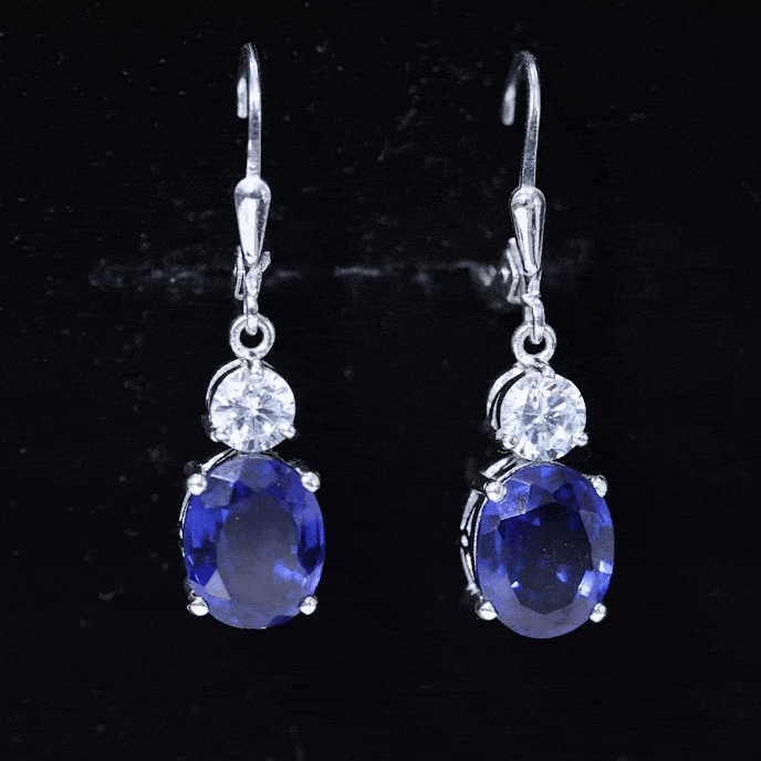 Lab Grown Blue Sapphire Drop Hoop Earrings with Moissanite AAAA 92.5 Sterling Silver - Rosec Jewels