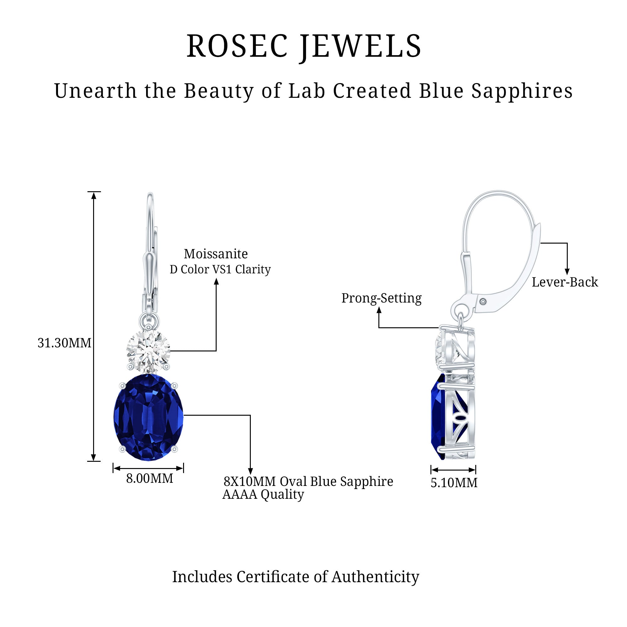 Lab Grown Blue Sapphire Drop Hoop Earrings with Moissanite AAAA 92.5 Sterling Silver - Rosec Jewels