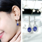 Lab Grown Blue Sapphire Drop Hoop Earrings with Moissanite AAAA 92.5 Sterling Silver - Rosec Jewels