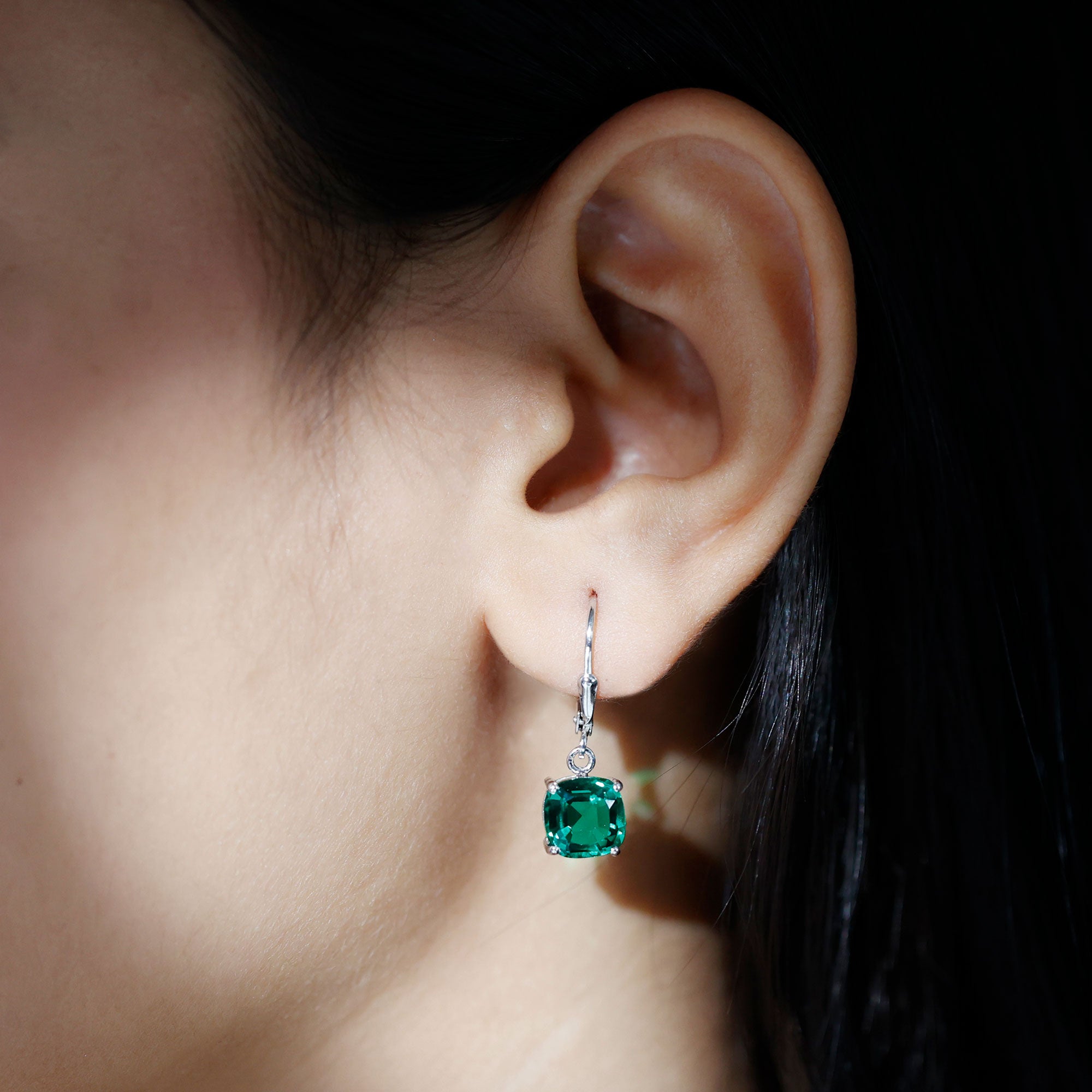 Cushion Cut Solitaire Created Emerald Drop Earrings Lab Created Emerald - ( AAAA ) - Quality - Rosec Jewels