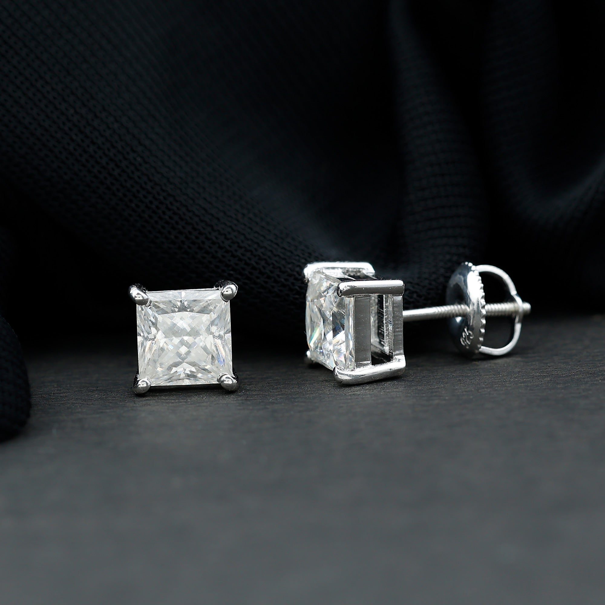 Certified 2.5 Carat Princess Cut Moissanite Stud Earrings in Silver D-VS1 92.5 Sterling Silver - Rosec Jewels