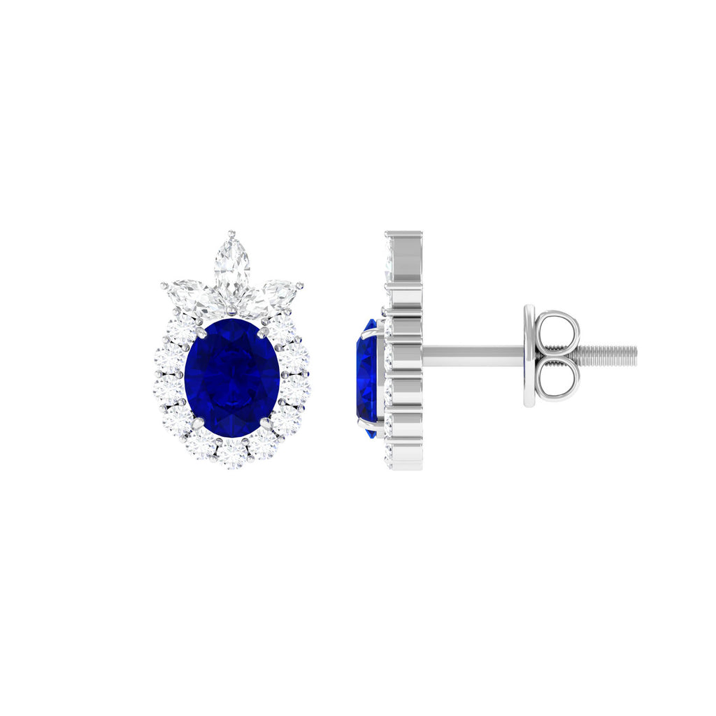 Floral Inspired Oval Created Blue Sapphire and Diamond Stud Earrings Lab Created Blue Sapphire - ( AAAA ) - Quality - Rosec Jewels