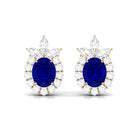 Floral Inspired Oval Created Blue Sapphire and Diamond Stud Earrings Lab Created Blue Sapphire - ( AAAA ) - Quality - Rosec Jewels