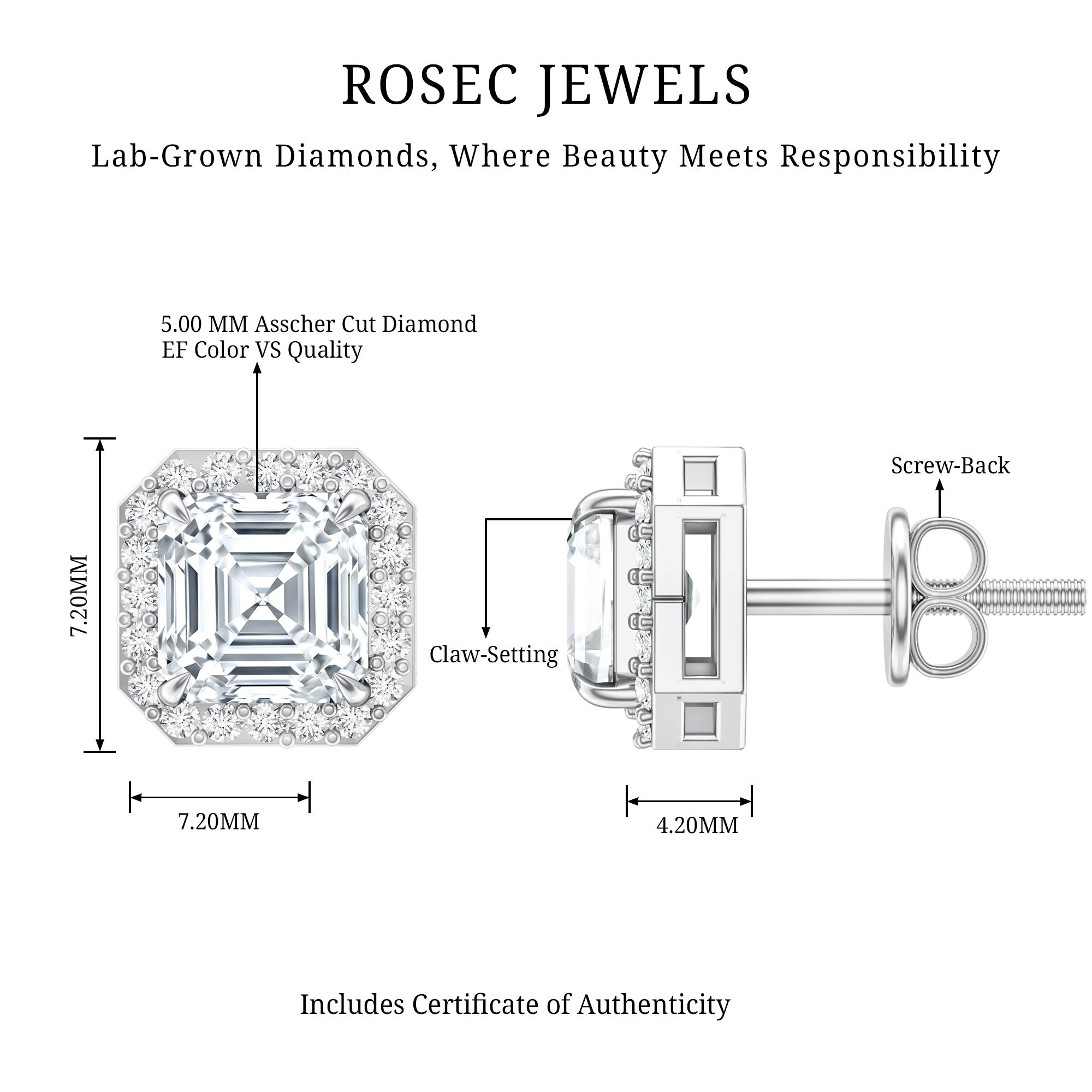Certified 1.4 Carat Asscher Cut Lab Grown Diamond Studs Lab - ( EF-VS ) - Rosec Jewels