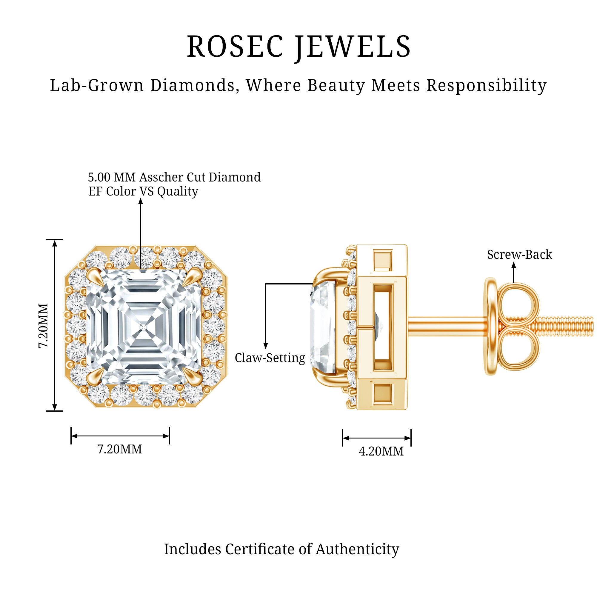 Certified 1.4 Carat Asscher Cut Lab Grown Diamond Studs Lab - ( EF-VS ) - Rosec Jewels