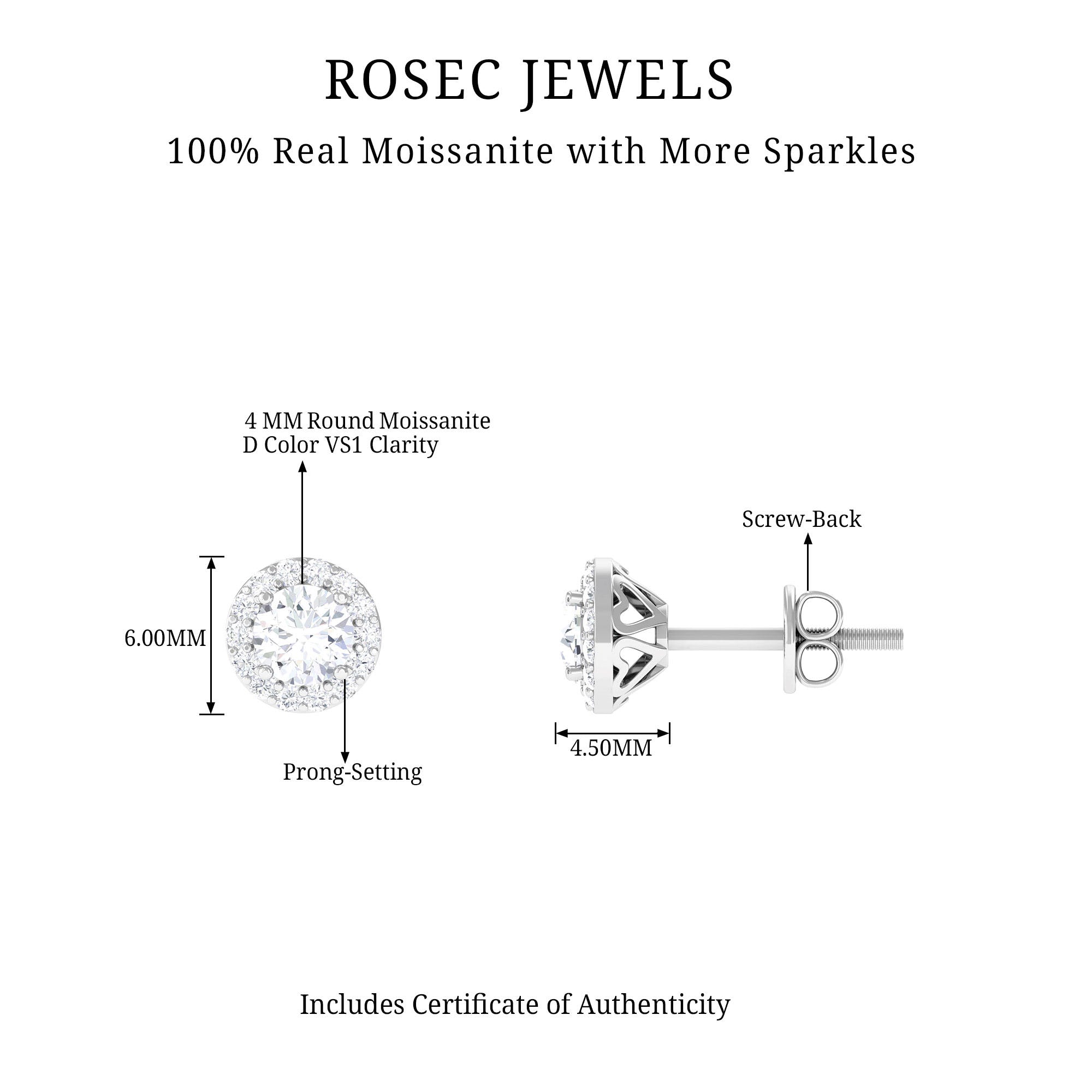 3/4 CT Round Moissanite Elegant Halo Stud Earrings in Gold Moissanite - ( D-VS1 ) - Color and Clarity - Rosec Jewels