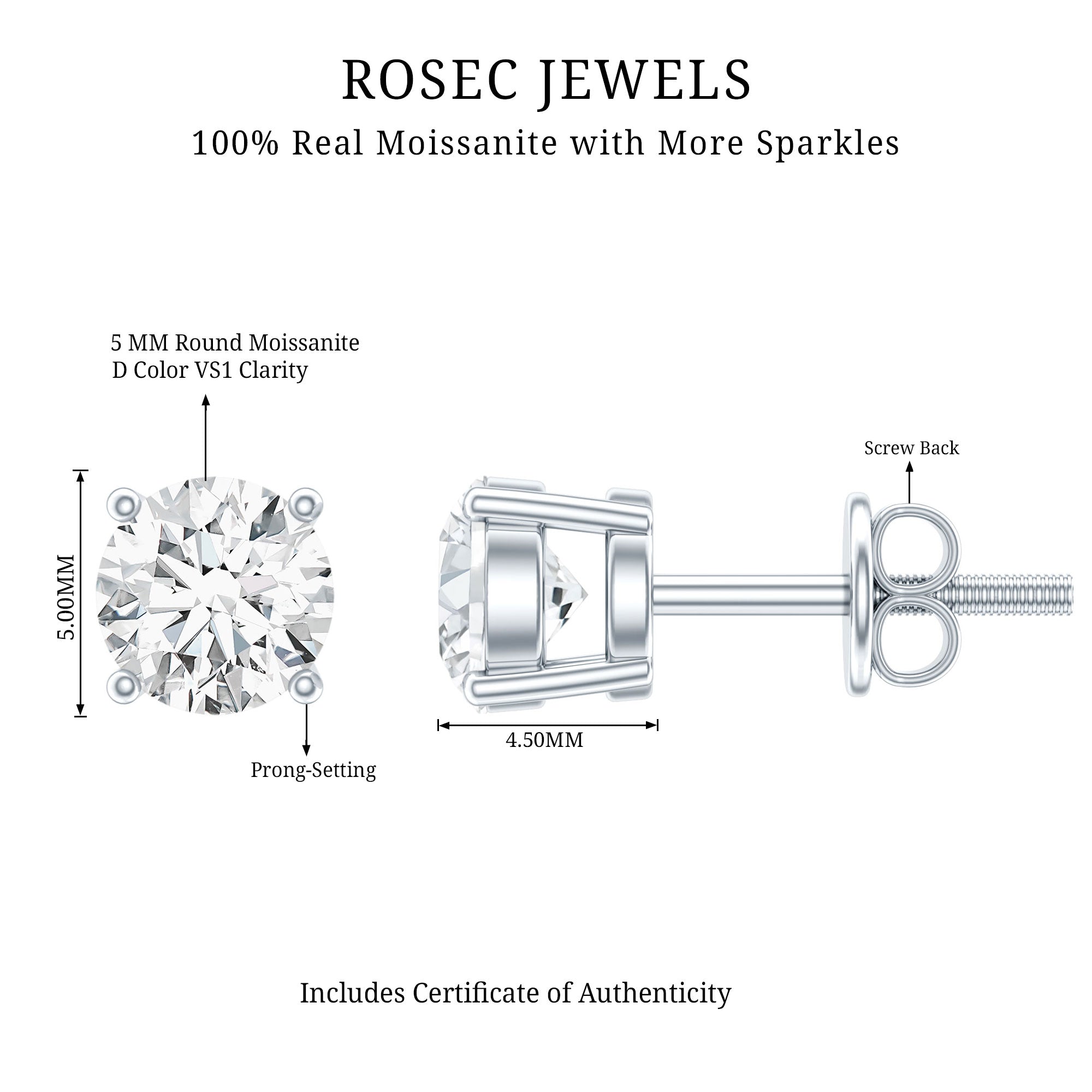 Silver Moissanite 1 Carat Stud Earring D-VS1 92.5 Sterling Silver - Rosec Jewels