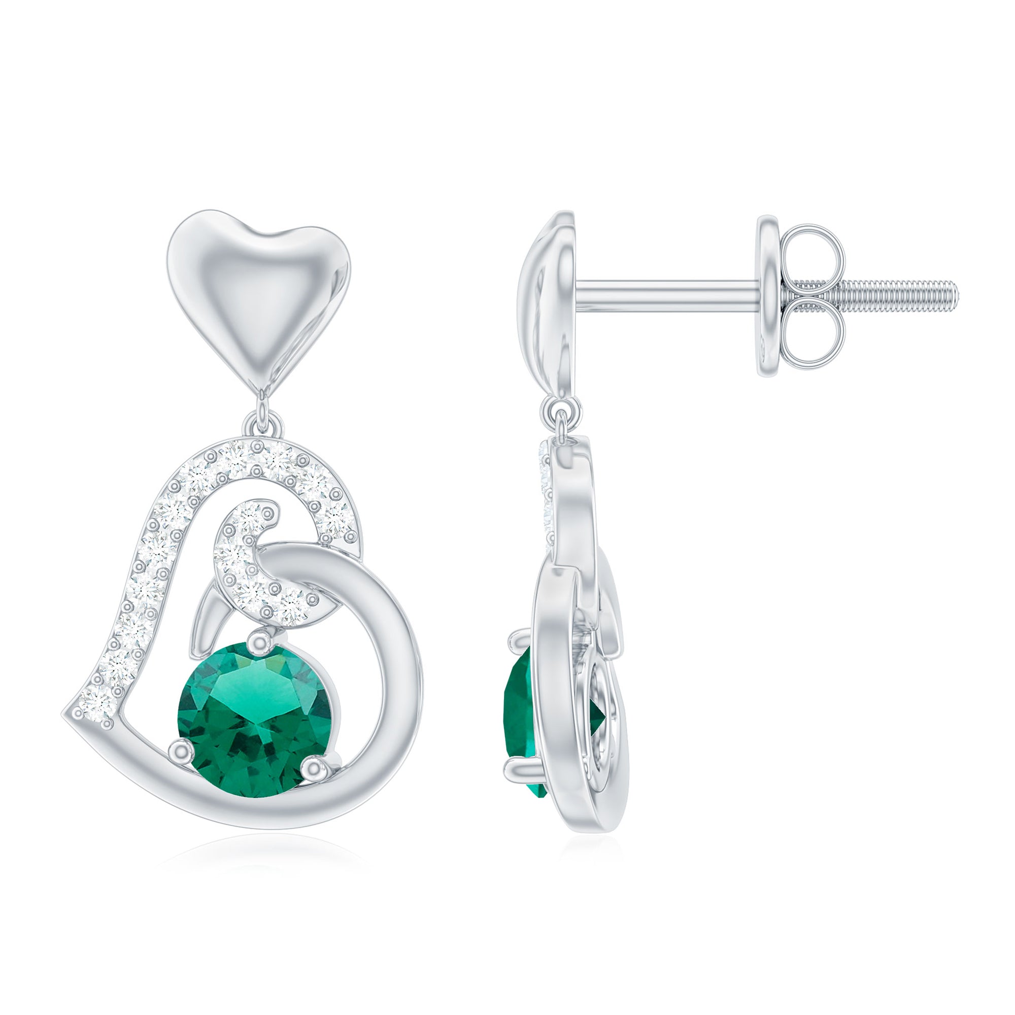 Lab Created Emerald Heart Drop Earrings with Diamonds AAAA - Rosec Jewels