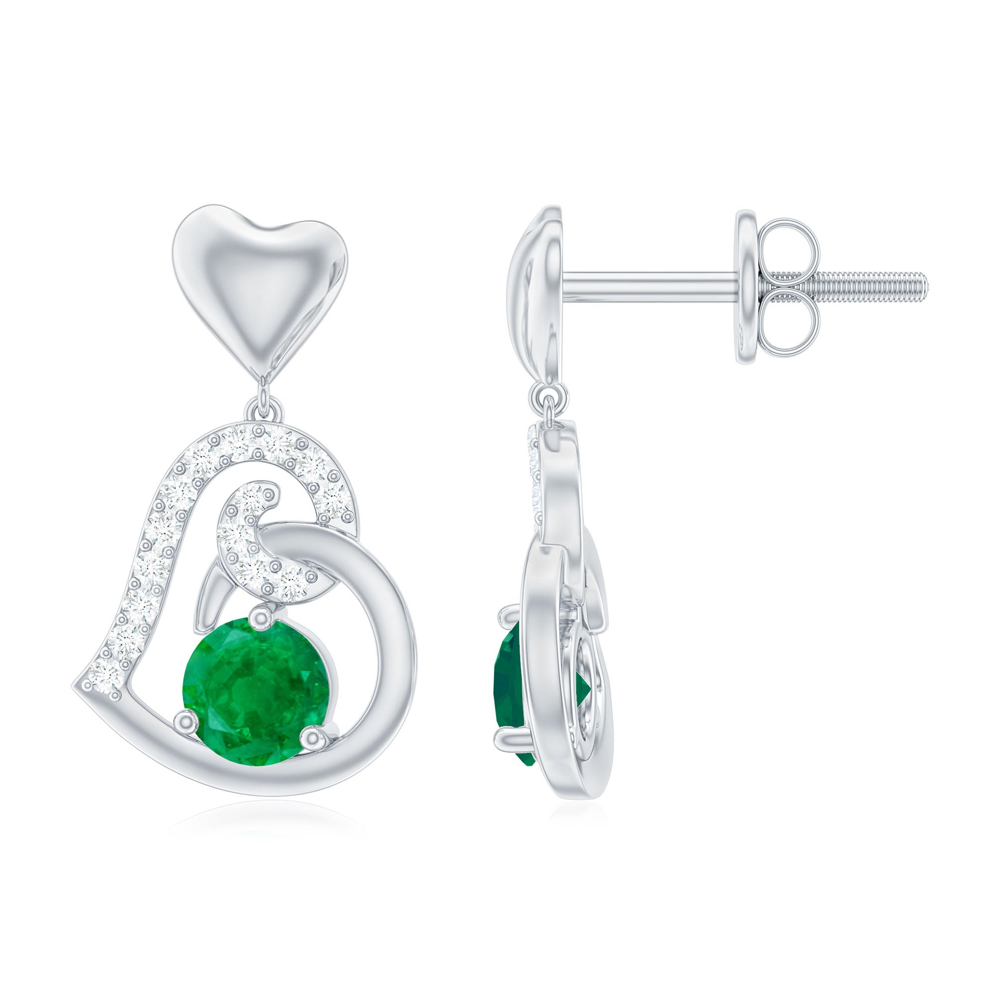 Round Emerald and Diamond Heart Drop Earrings Emerald - ( AAA ) - Quality - Rosec Jewels