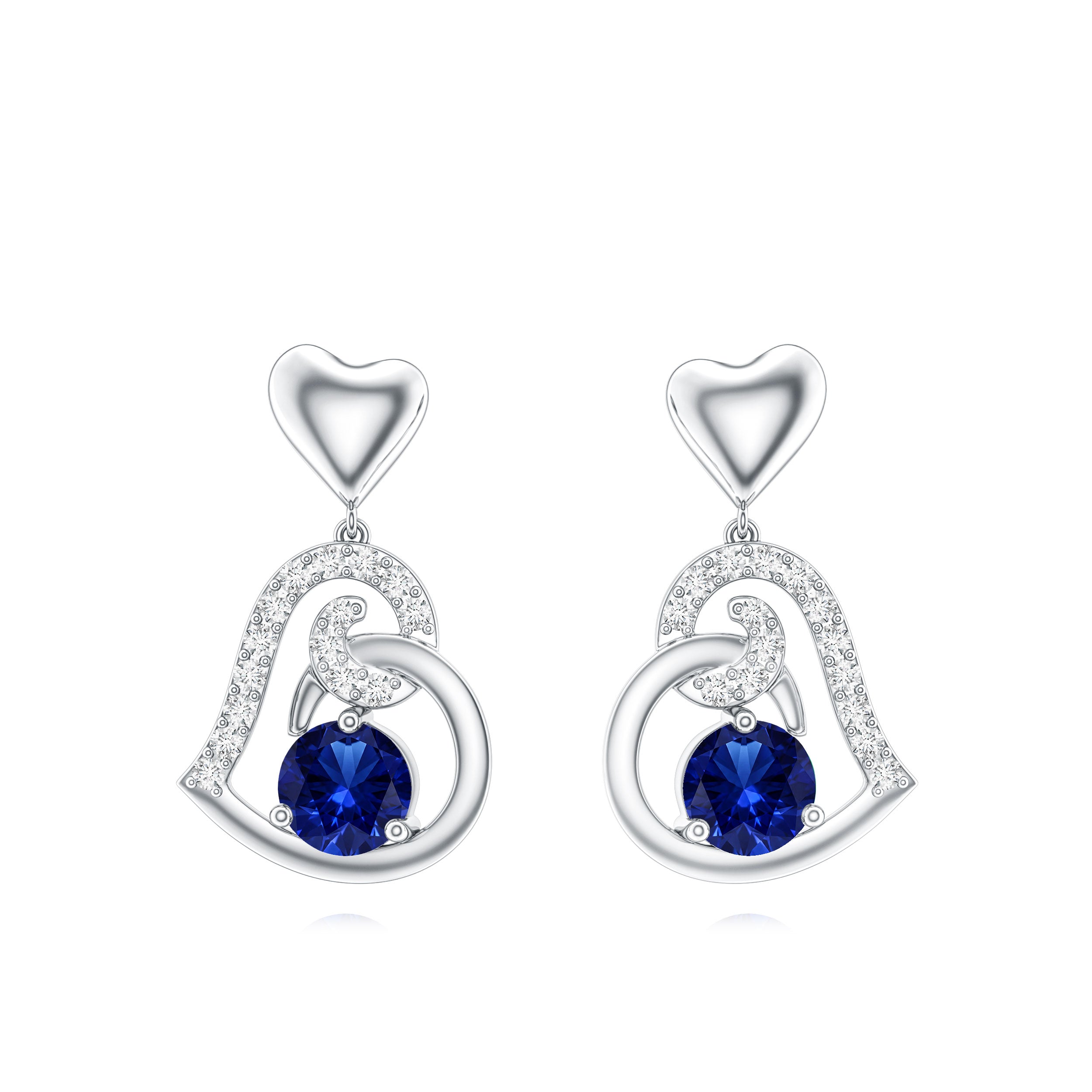 Created Blue Sapphire and Diamond Heart Drop Earrings AAAA - Rosec Jewels