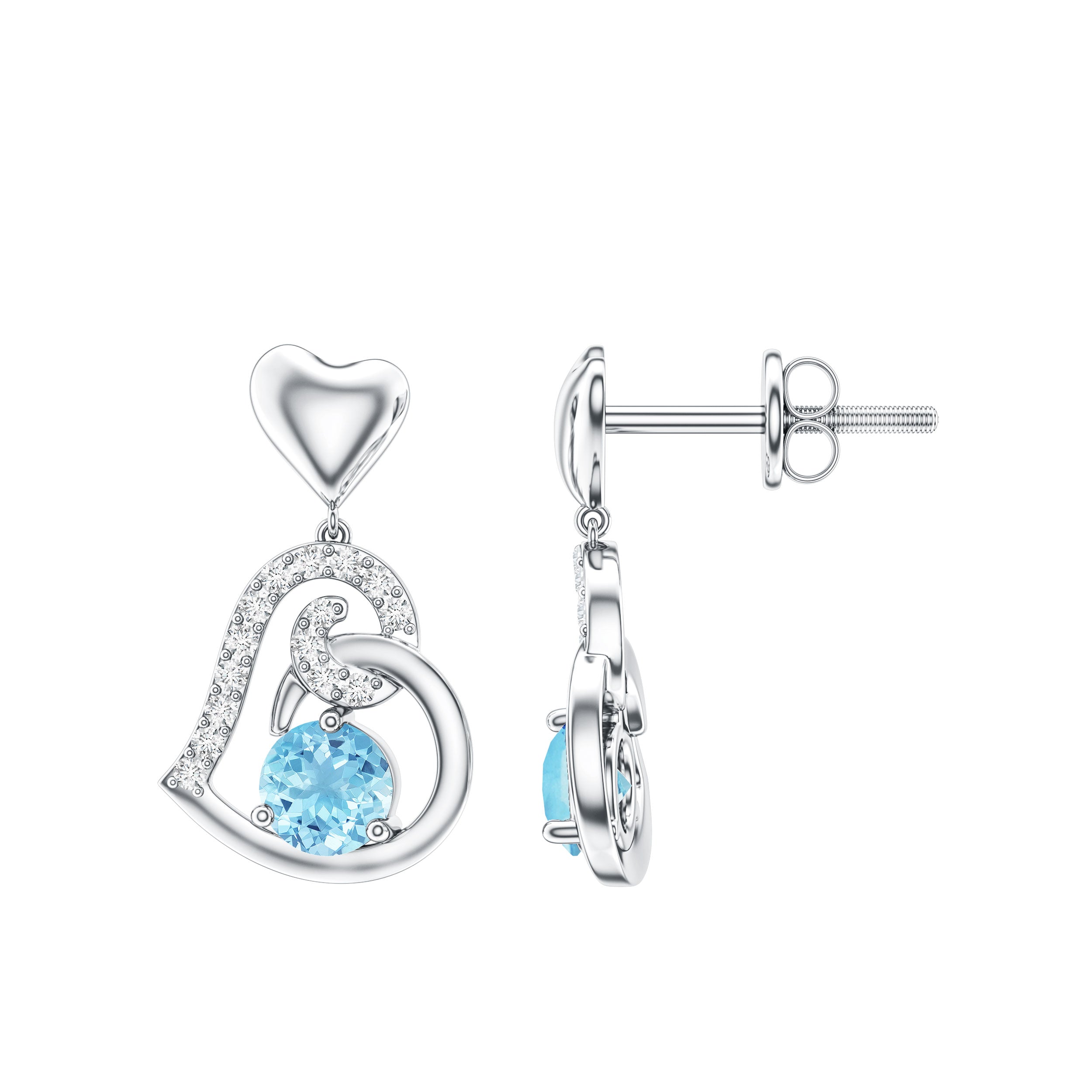 Natural Aquamarine Heart Drop Earrings with Diamond AAA - Rosec Jewels