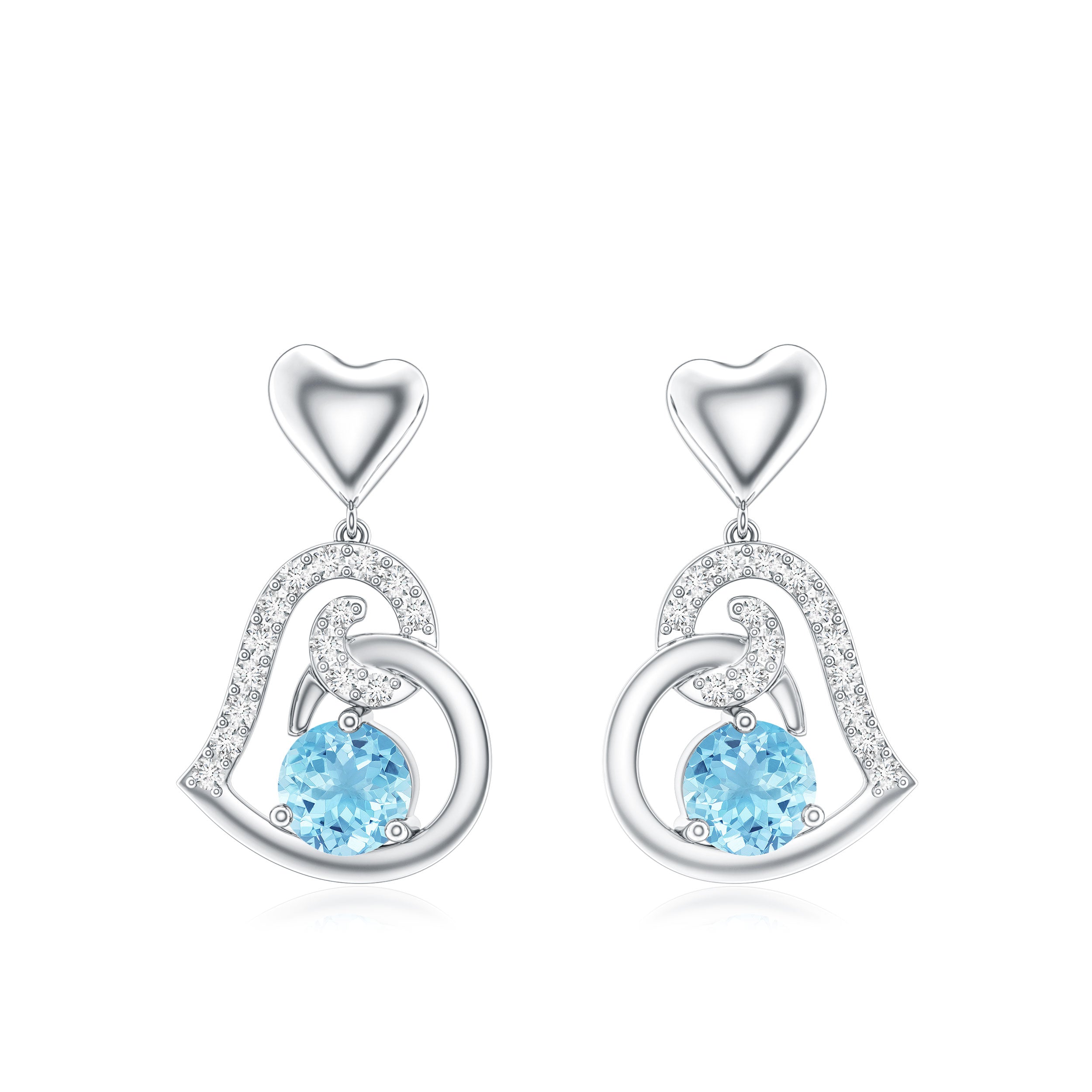 Natural Aquamarine Heart Drop Earrings with Diamond AAA - Rosec Jewels