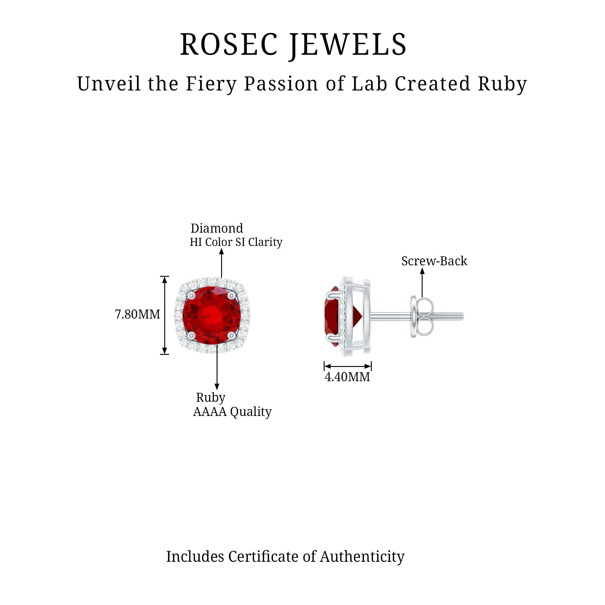 6 MM Round Lab Grown Ruby Halo Stud Earrings with Diamond Lab Created Ruby - ( AAAA ) - Quality - Rosec Jewels