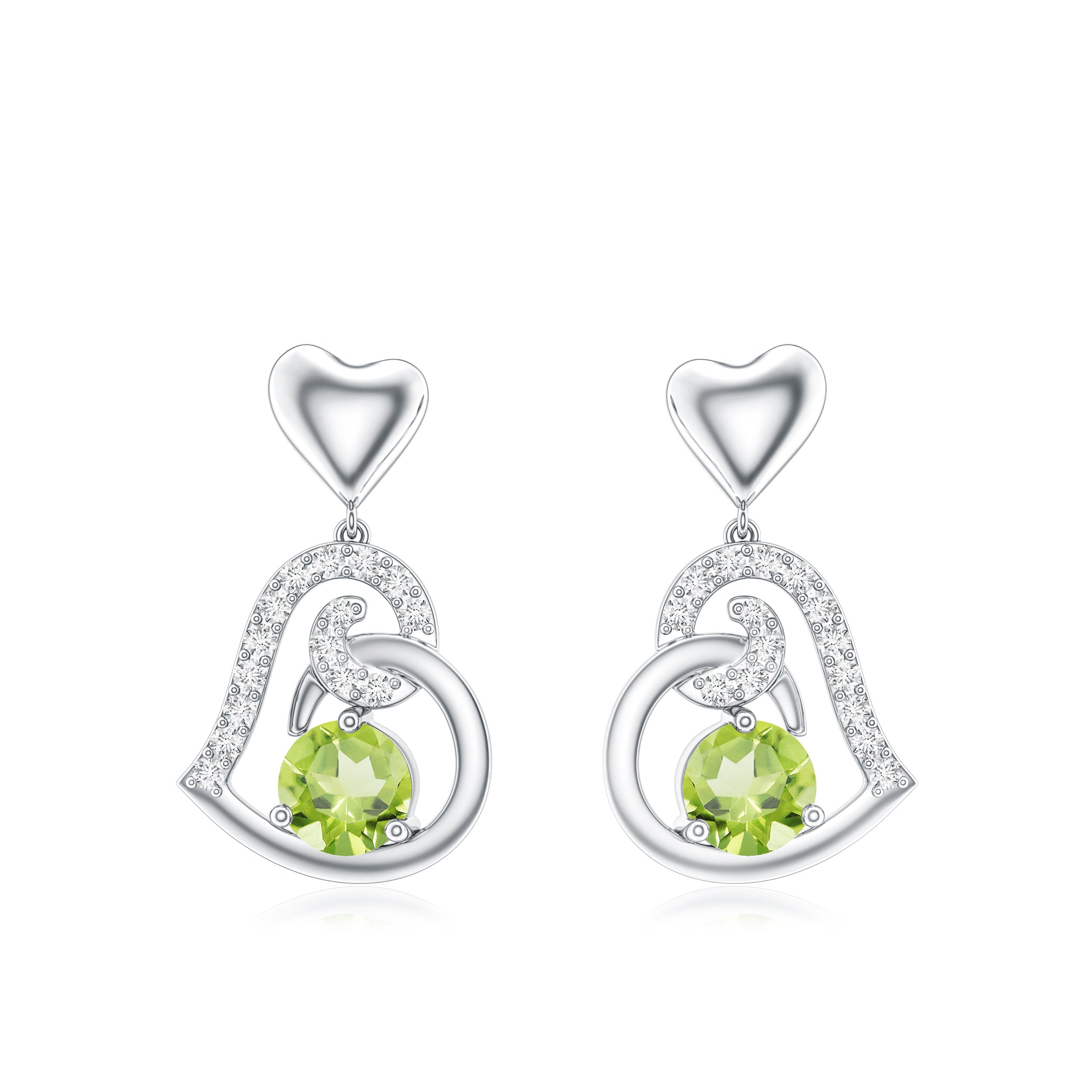 Solitaire Peridot Heart Drop Earrings with Diamond Accent AAA - Rosec Jewels