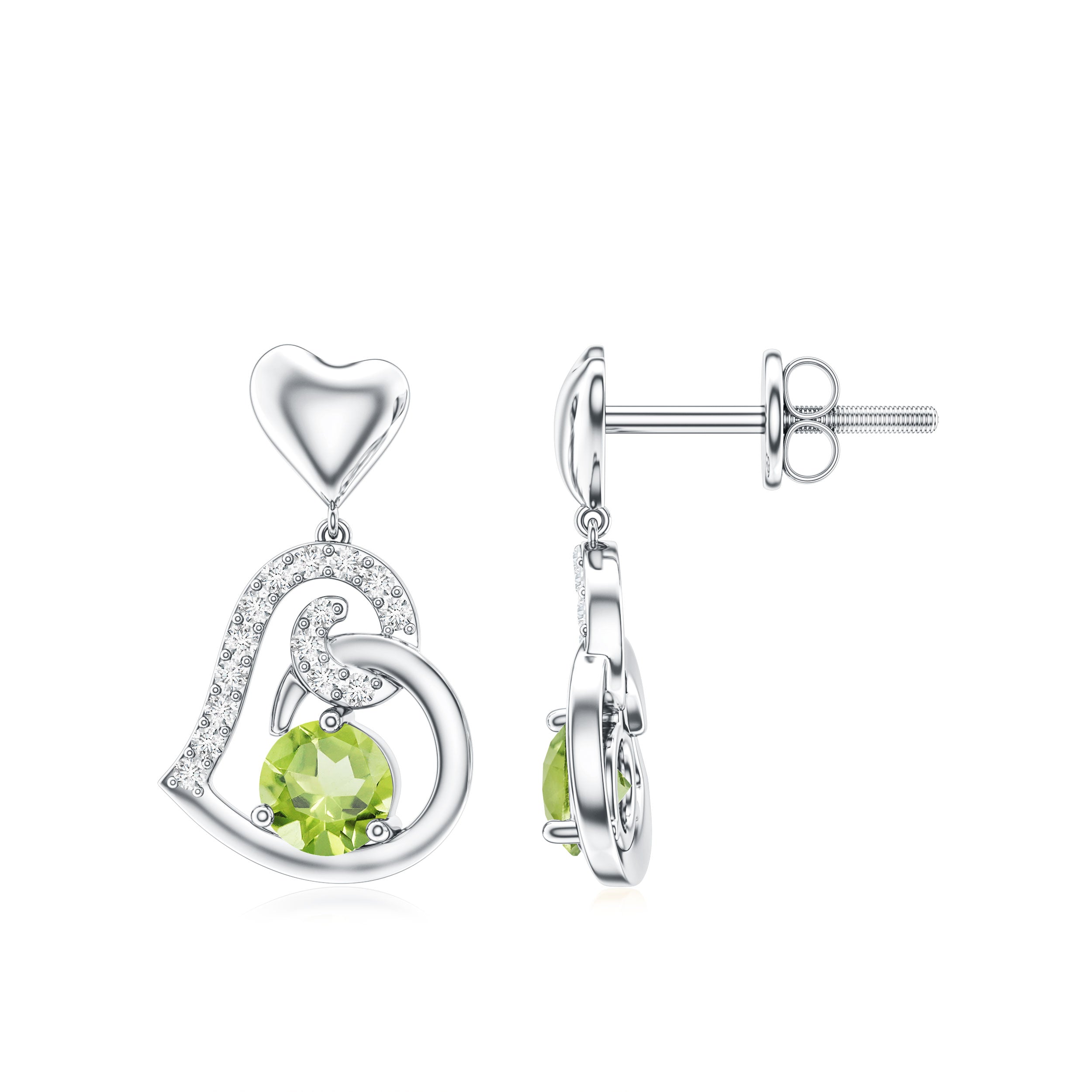 Solitaire Peridot Heart Drop Earrings with Diamond Accent AAA - Rosec Jewels