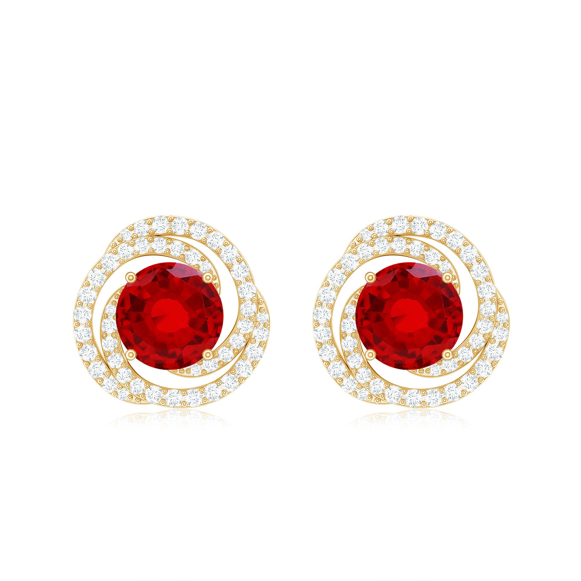 Round Created Ruby Braided Halo Stud Earrings with Diamond Lab Created Ruby - ( AAAA ) - Quality - Rosec Jewels
