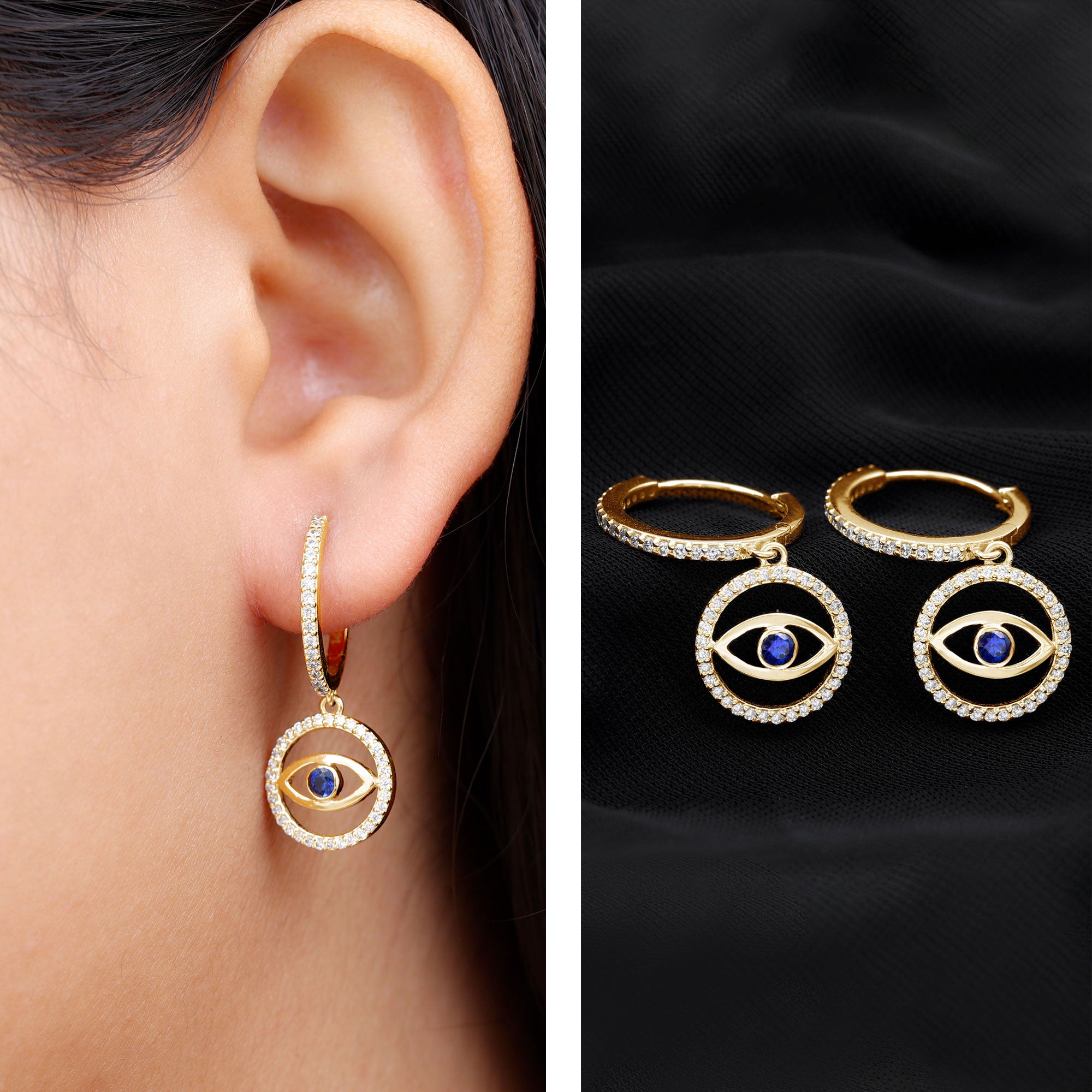Real Blue Sapphire and Diamond Evil Eye Hoop Drop Earrings AAA - Rosec Jewels