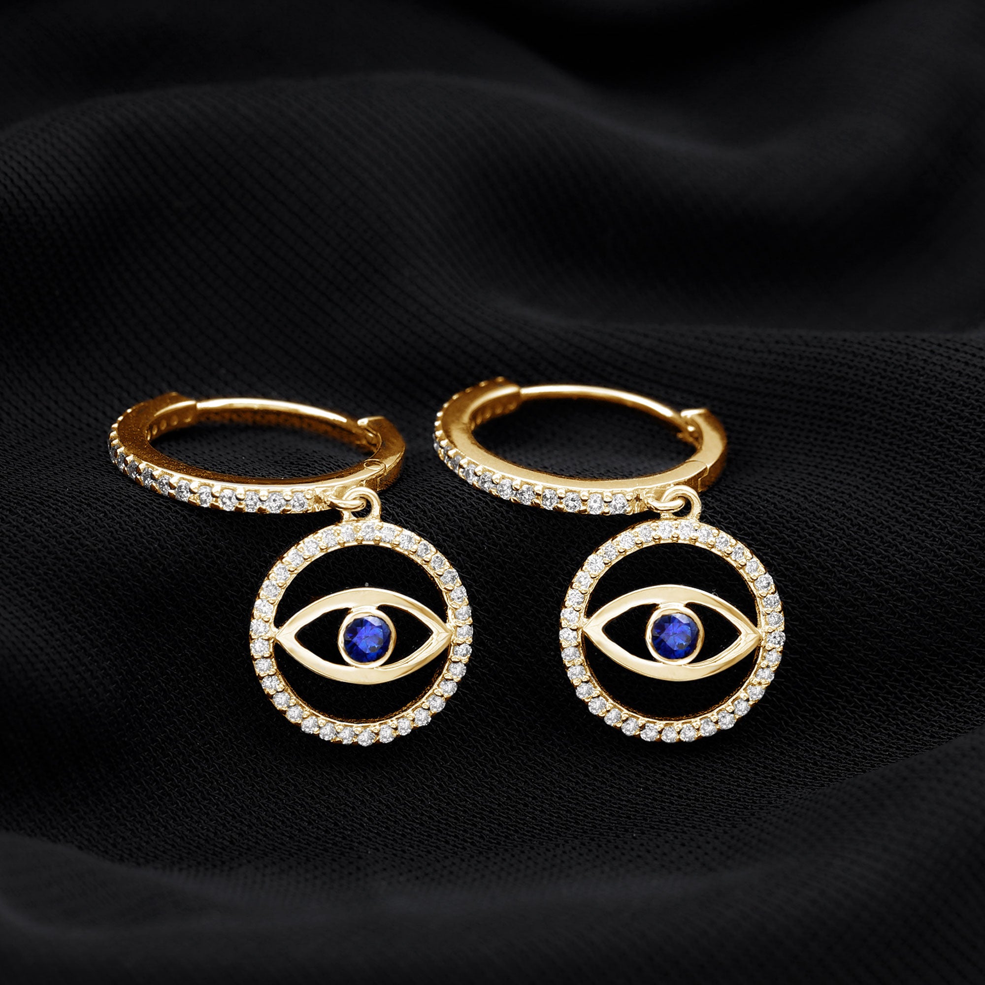 Real Blue Sapphire and Diamond Evil Eye Hoop Drop Earrings AAA - Rosec Jewels