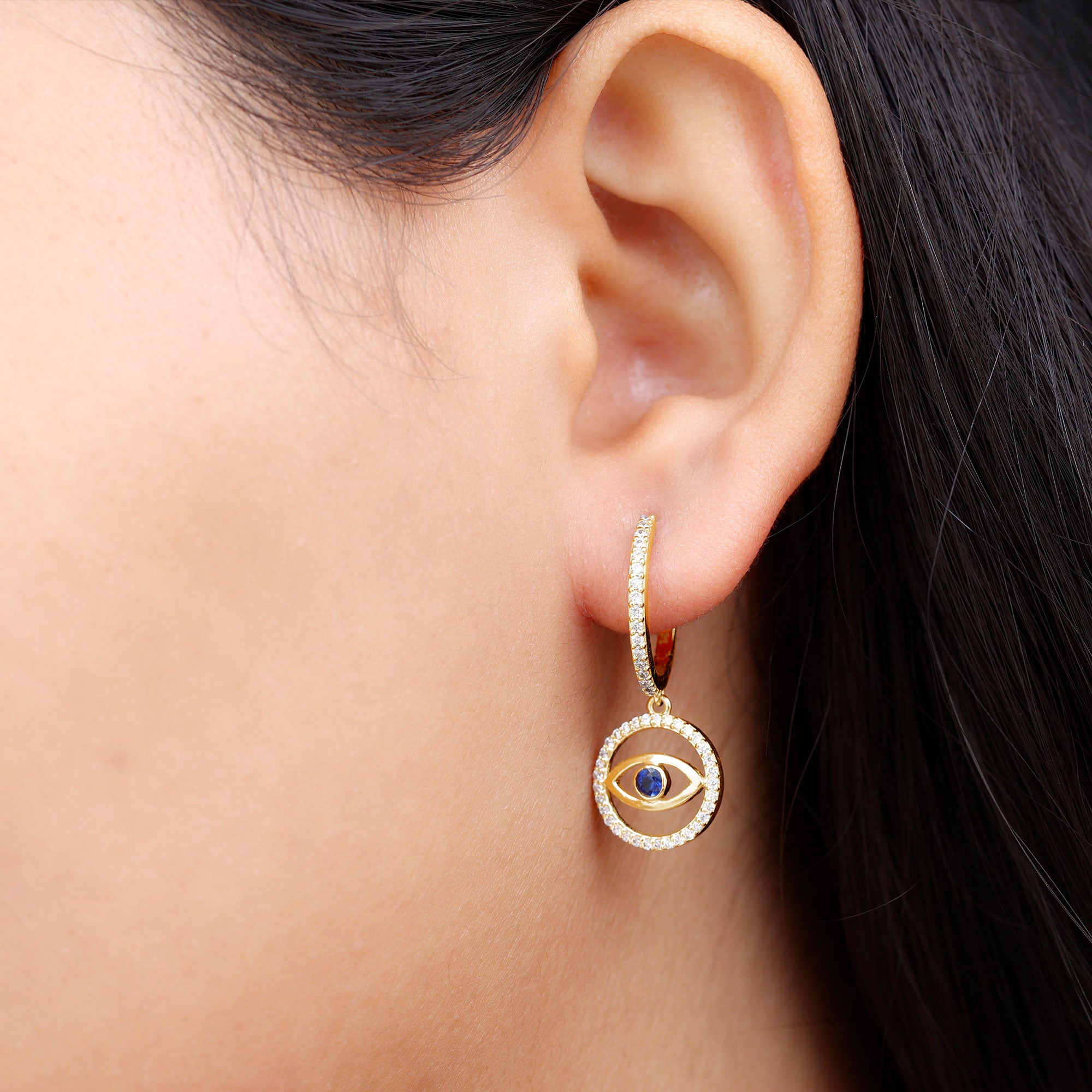 Real Blue Sapphire and Diamond Evil Eye Hoop Drop Earrings AAA - Rosec Jewels
