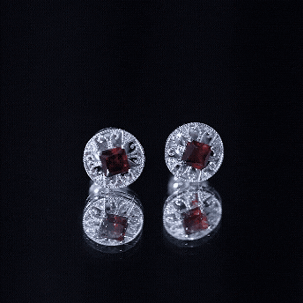 Vintage Inspired Garnet Stud Earrings with Diamond in Silver AAA 92.5 Sterling Silver - Rosec Jewels
