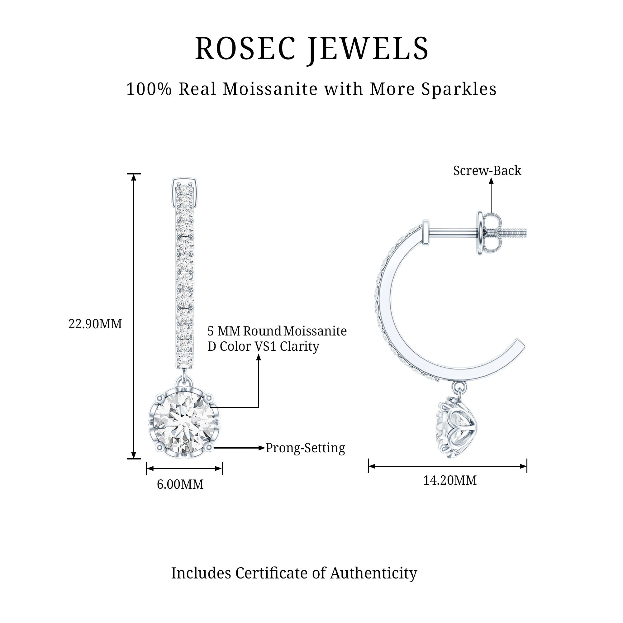 Sterling Silver Moissanite Hoop Drop Earrings for Women D-VS1 92.5 Sterling Silver - Rosec Jewels