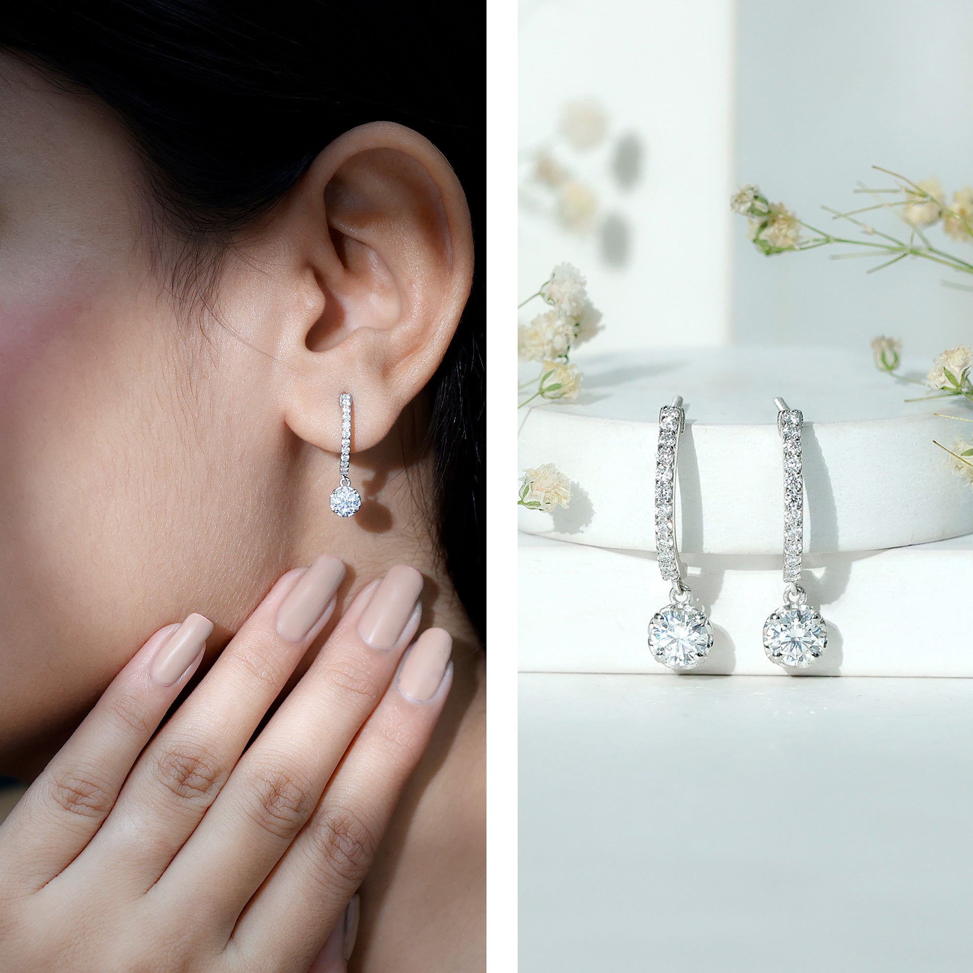 Sterling Silver Moissanite Hoop Drop Earrings for Women D-VS1 92.5 Sterling Silver - Rosec Jewels