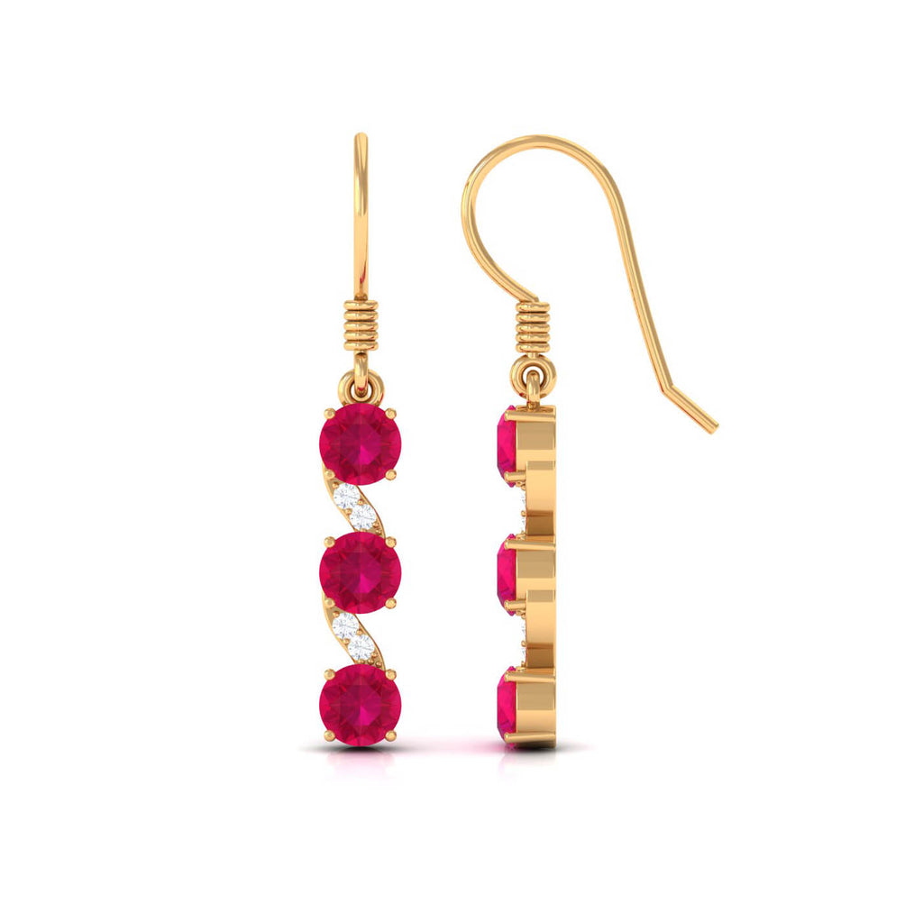 Minimal Ruby Dangle Drop Earrings with Diamond Ruby - ( AAA ) - Quality - Rosec Jewels