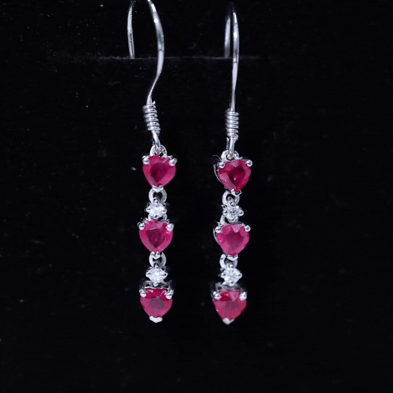 3 Heart Lab Grown Ruby Dangle Earrings with Moissanite Lab Created Ruby - ( AAAA ) - Quality - Rosec Jewels