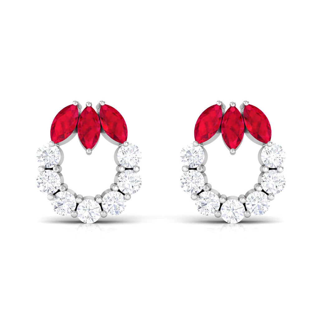 Marquise Cut Lab Grown Ruby Designer Stud Earrings with Diamond Lab Created Ruby - ( AAAA ) - Quality - Rosec Jewels