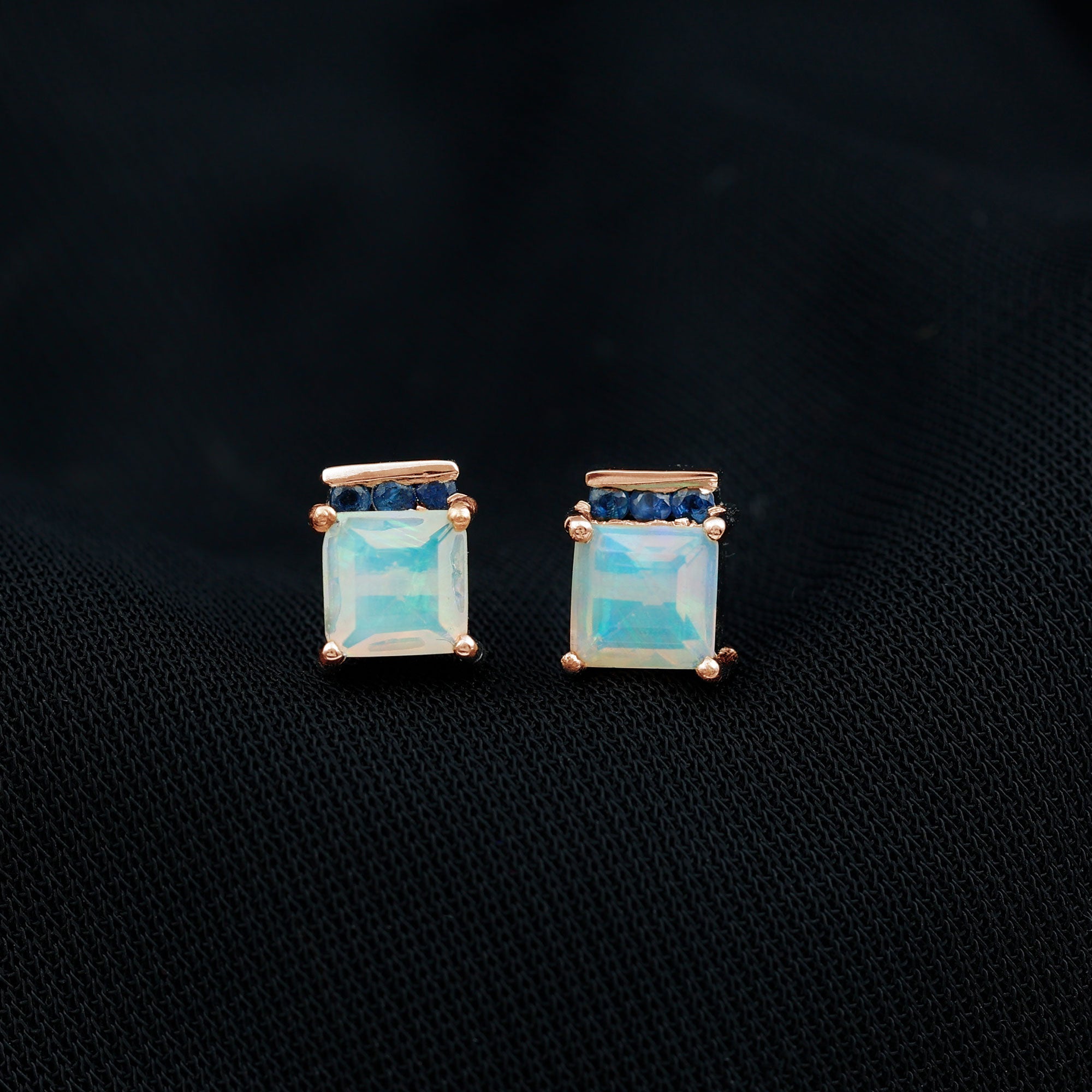 Princess Cut Ethiopian Opal Stud Earrings with Blue Sapphire Trio Ethiopian Opal - ( AAA ) - Quality - Rosec Jewels