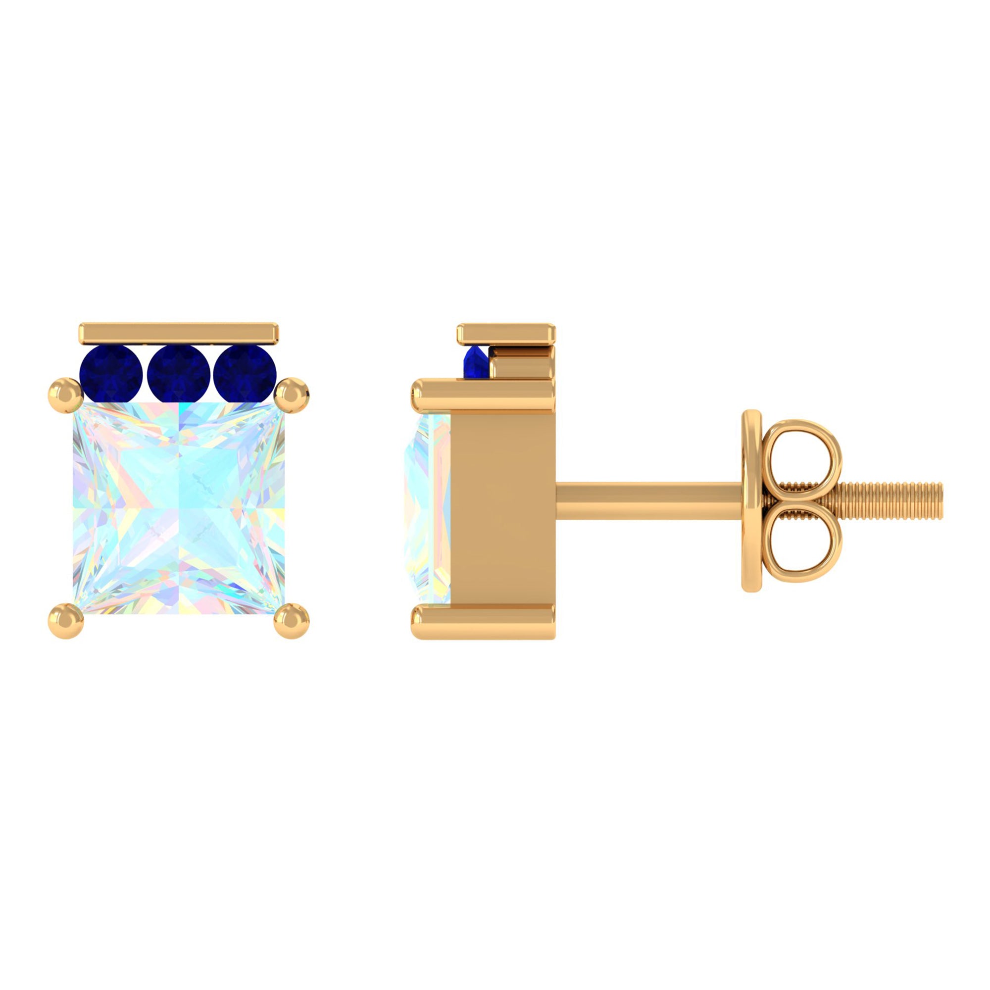 Princess Cut Ethiopian Opal Stud Earrings with Blue Sapphire Trio Ethiopian Opal - ( AAA ) - Quality - Rosec Jewels