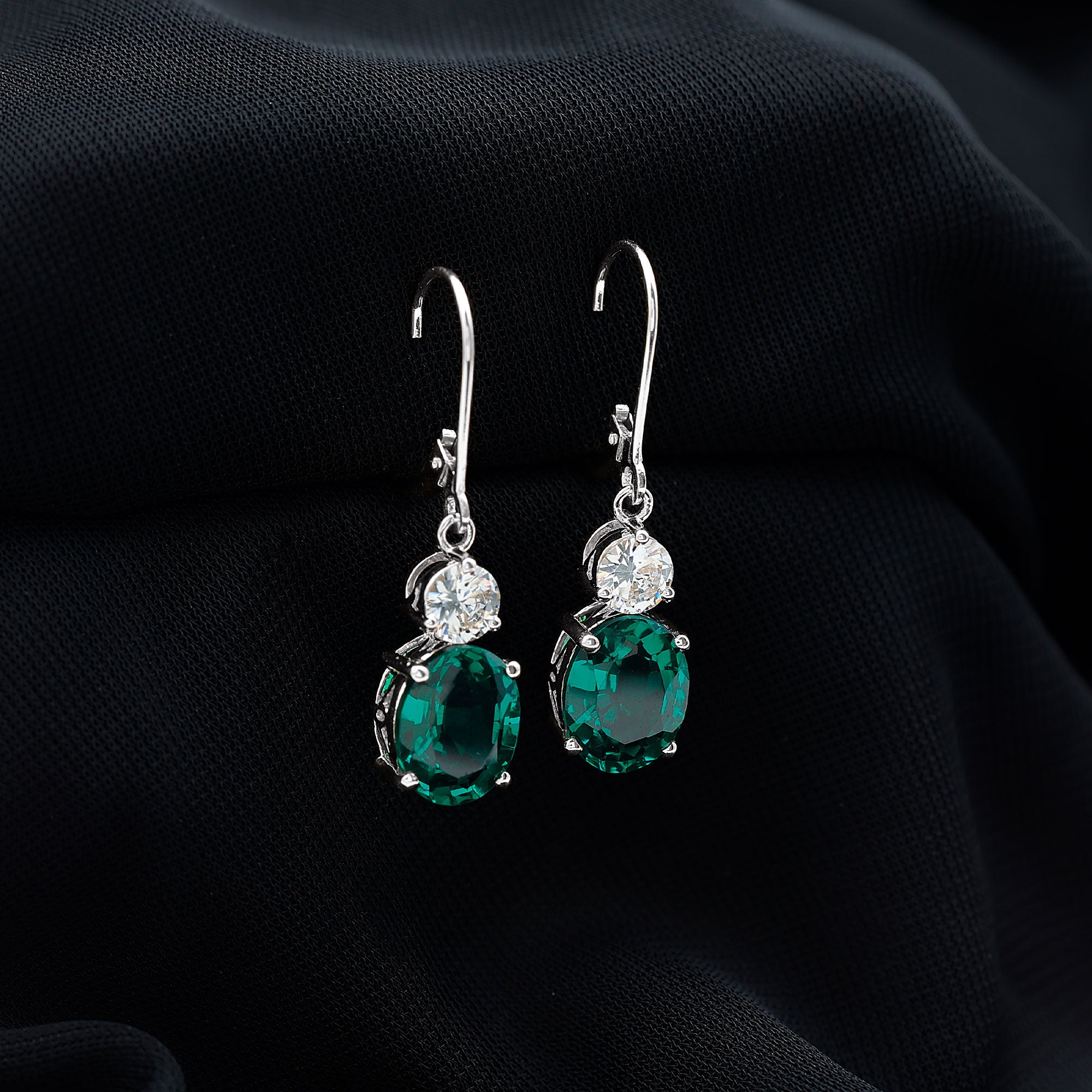 Lab Grown Emerald Oval Drop Earrings With Moissanite Lab Created Emerald - ( AAAA ) - Quality - Rosec Jewels