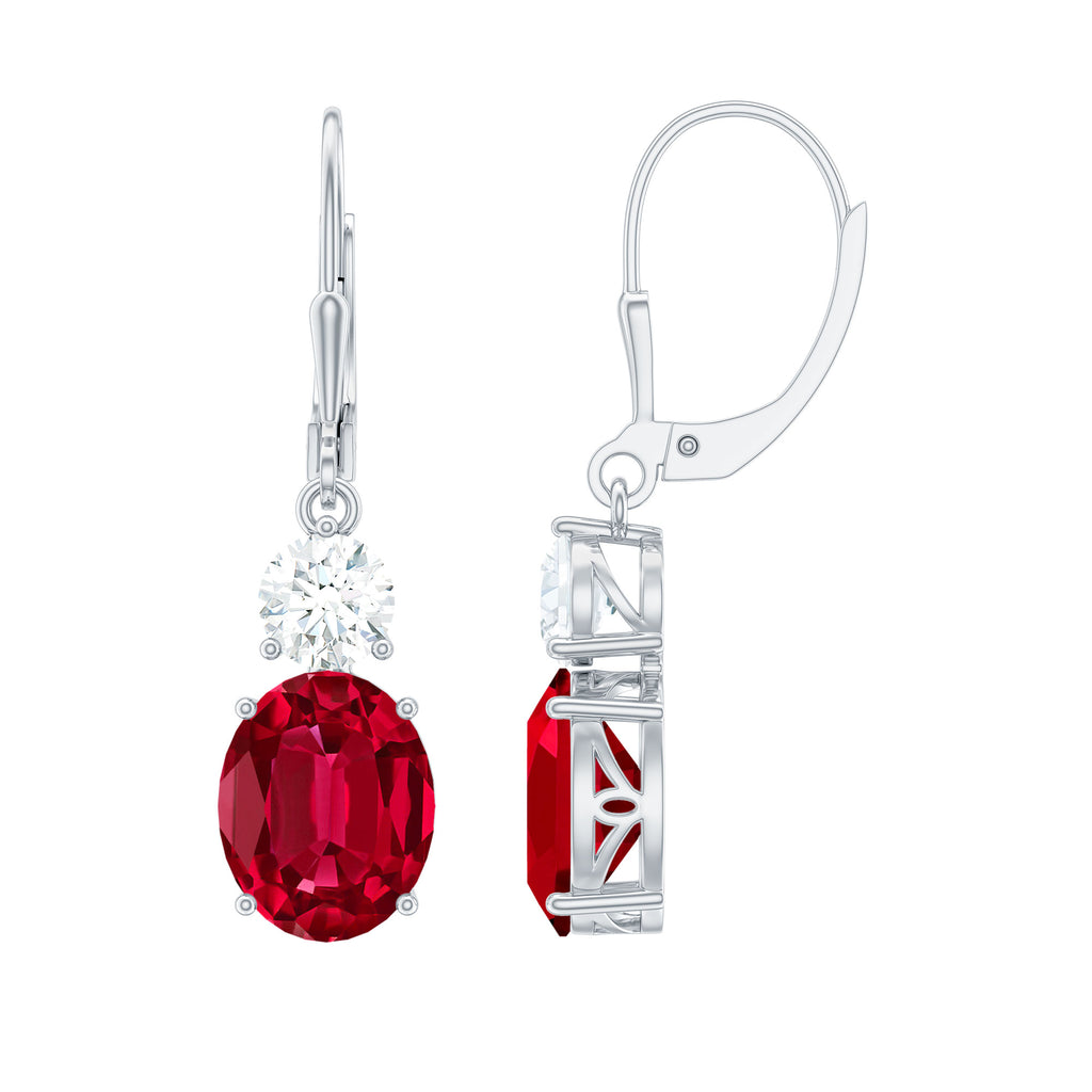 Oval Created Ruby and Zircon Drop Earrings with Lever Back Lab Created Ruby - ( AAAA ) - Quality - Rosec Jewels