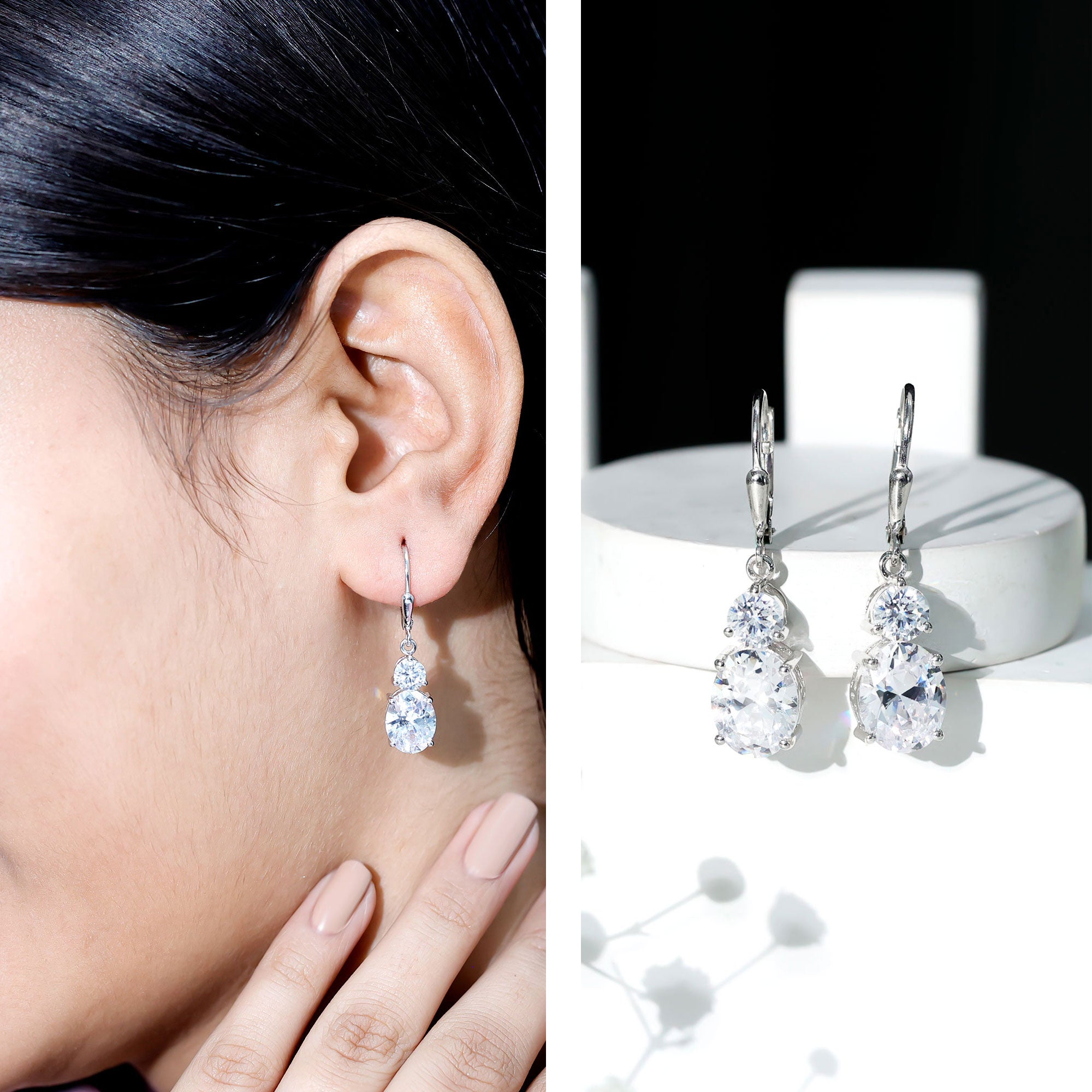 Certified Cubic Zirconia Hoop Drop Earrings with Lever Back AAAA 92.5 Sterling Silver - Rosec Jewels