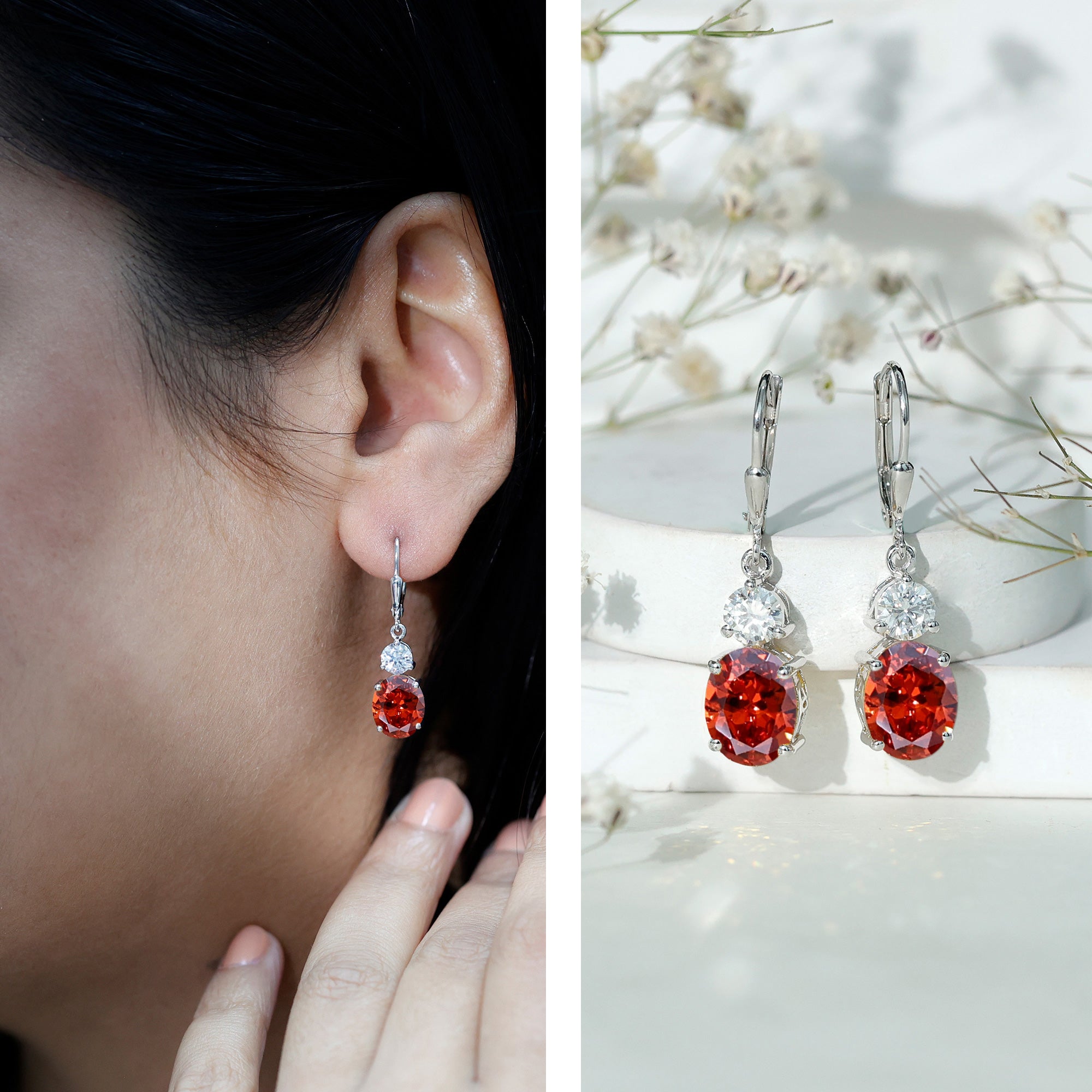 Certified 8 Carat Lab Grown Orange Sapphire Drop Earrings with Moissanite AAAA 92.5 Sterling Silver - Rosec Jewels