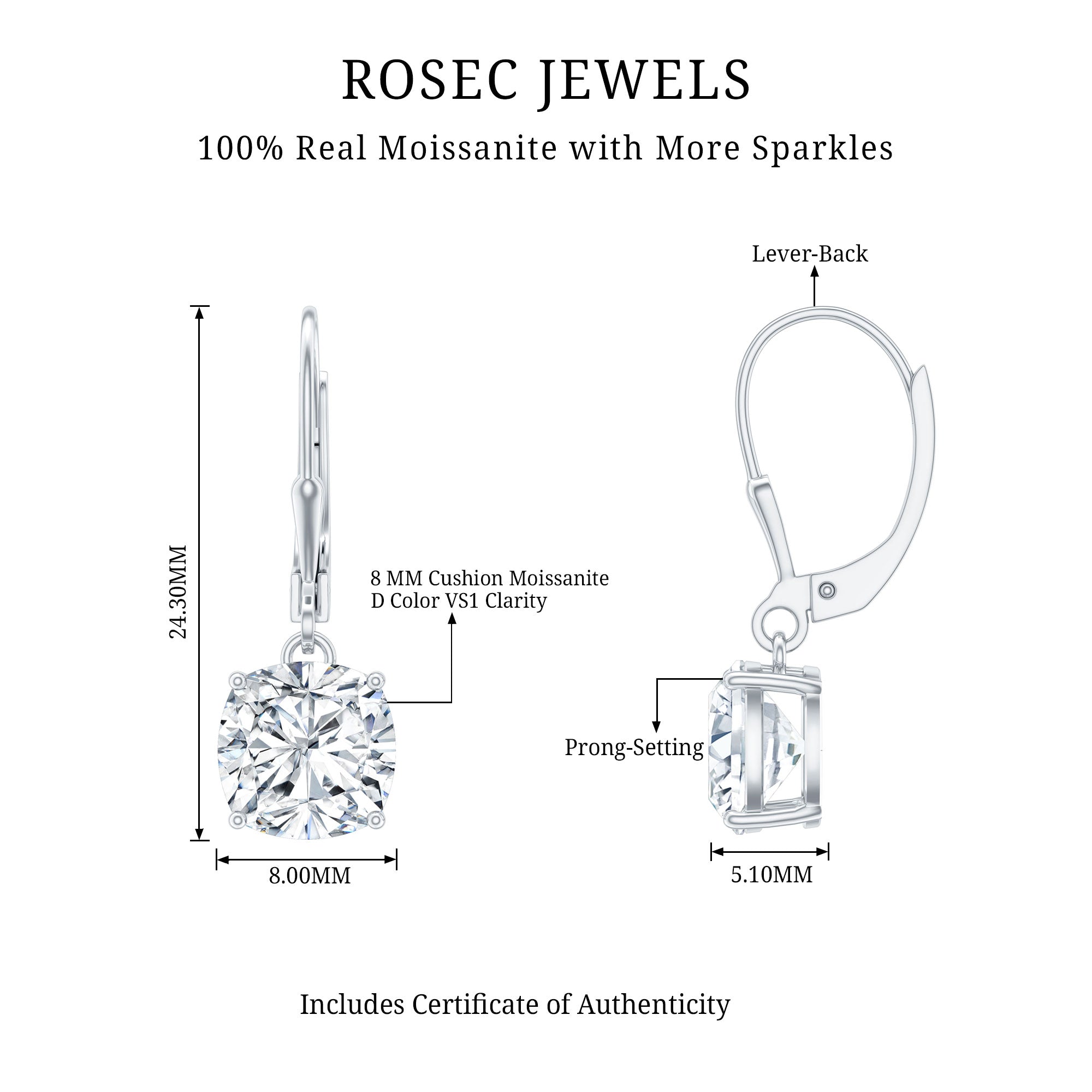 Certified 6 Carat Cushion Cut Moissanite Drop Earrings in Silver D-VS1 92.5 Sterling Silver - Rosec Jewels