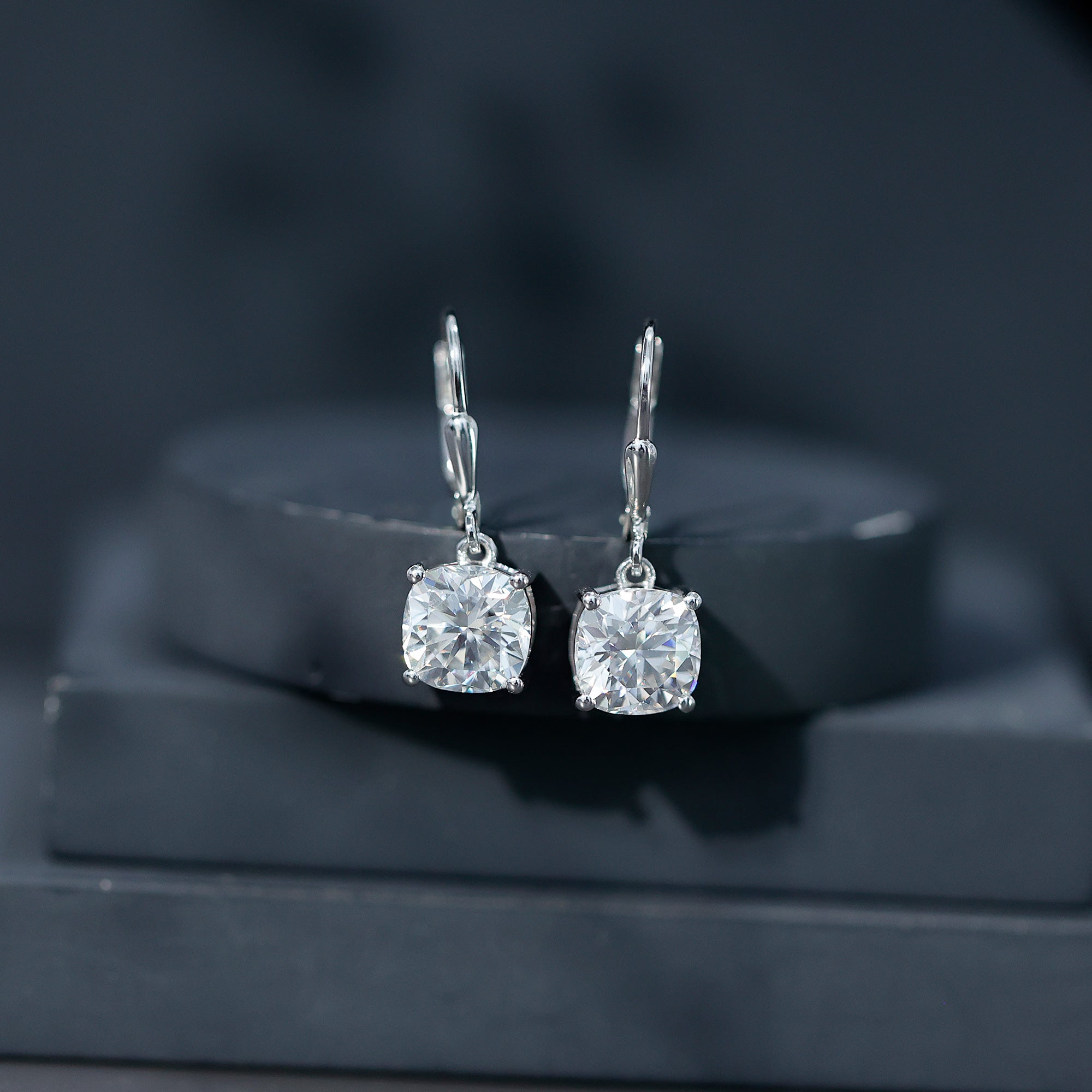 Certified 6 Carat Cushion Cut Moissanite Drop Earrings in Silver D-VS1 92.5 Sterling Silver - Rosec Jewels