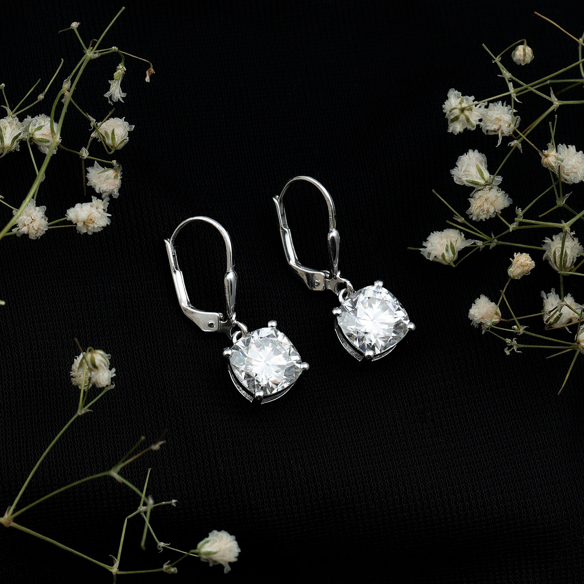 Certified 6 Carat Cushion Cut Moissanite Drop Earrings in Silver D-VS1 92.5 Sterling Silver - Rosec Jewels