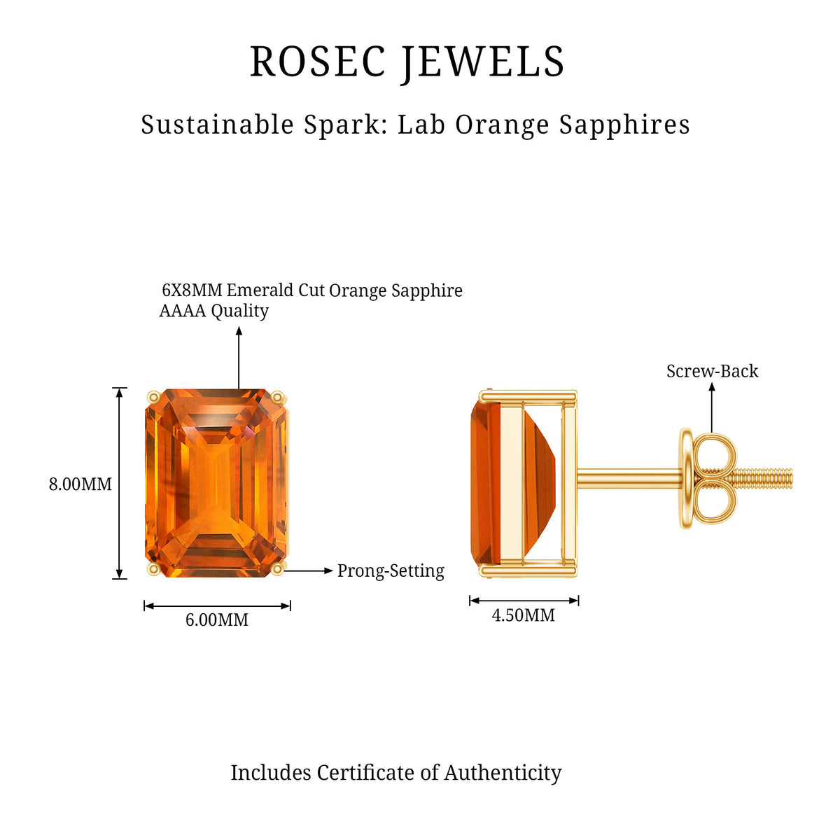 Lab Grown Orange Sapphire Emerald Cut Stud Earrings AAAA - Rosec Jewels